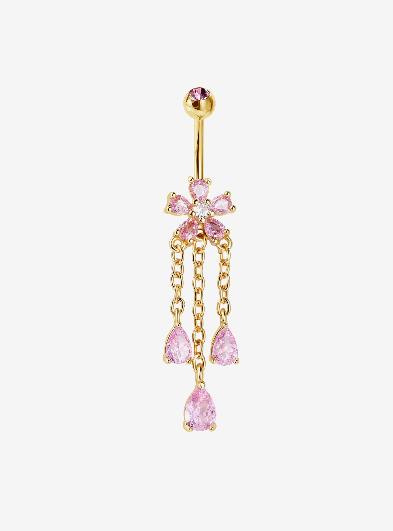 14G Steel Gold & Pink Flower Navel Barbell, , hi-res