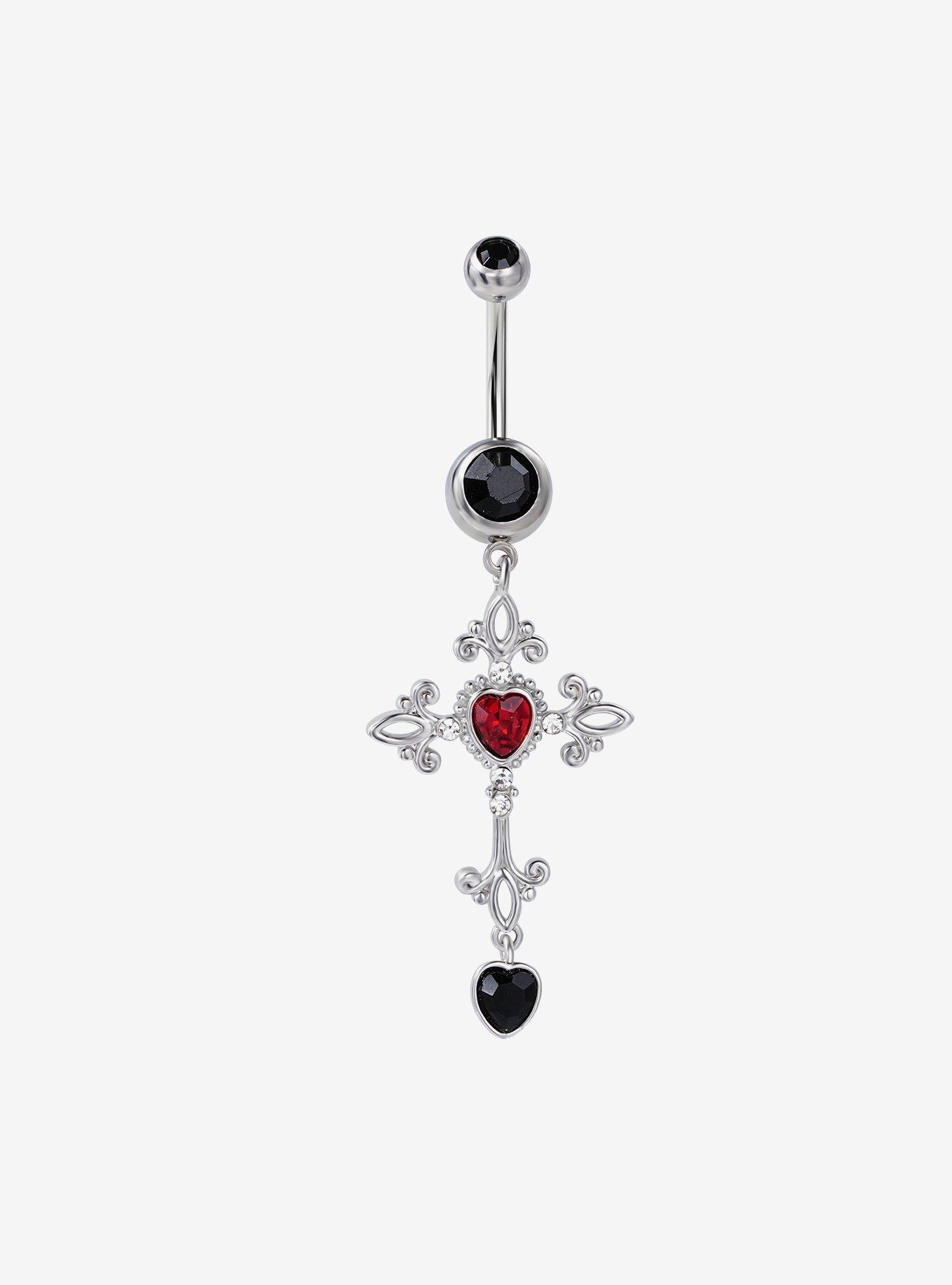 14G Steel Heart Cross Navel Barbell, , hi-res