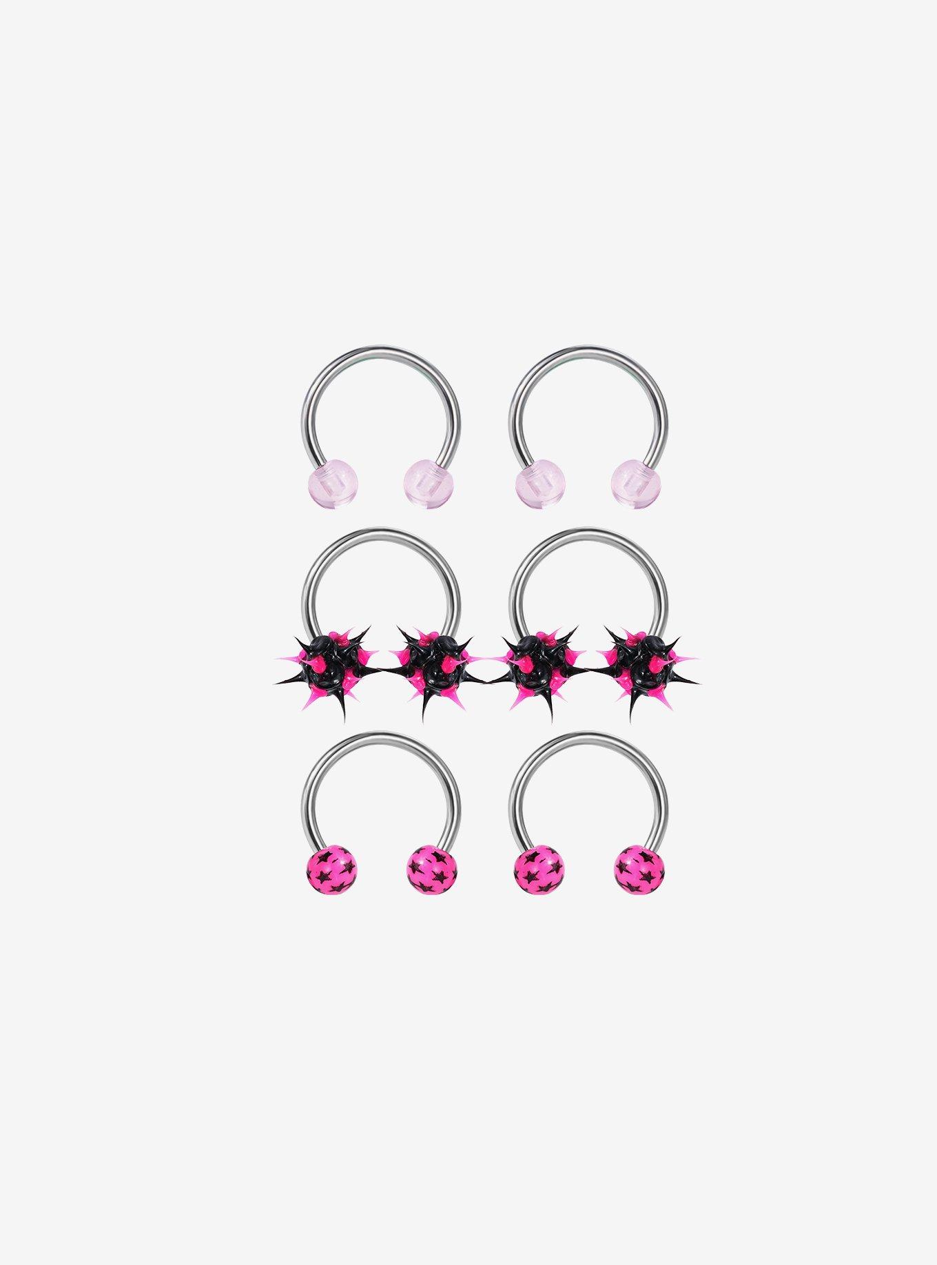 16G Steel Pink & Black Spikey Star Circular Barbell 6 Pack, , hi-res