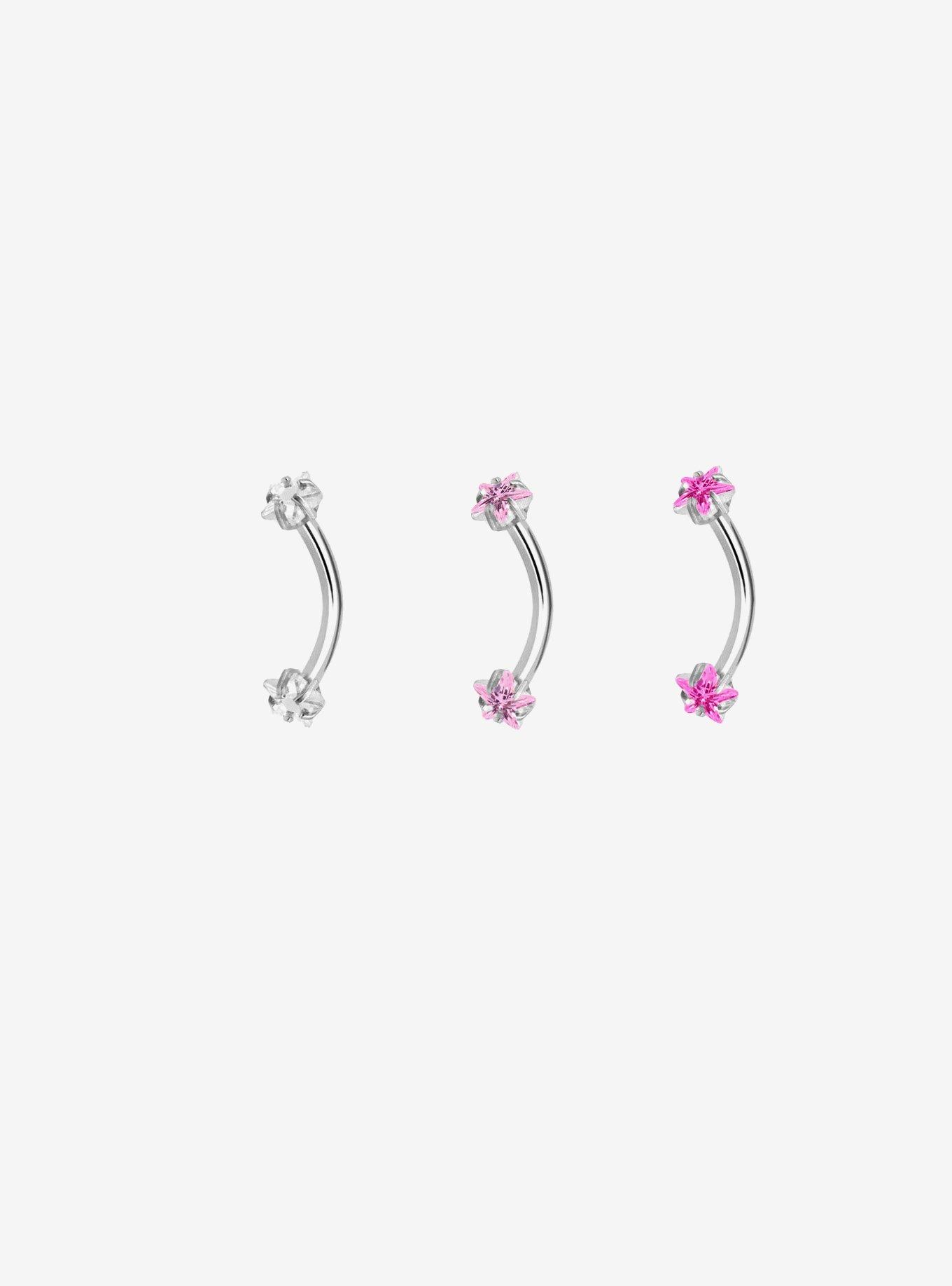 16G Steel Pink & Clear Gem Eyebrow Barbell 3 Pack, , hi-res