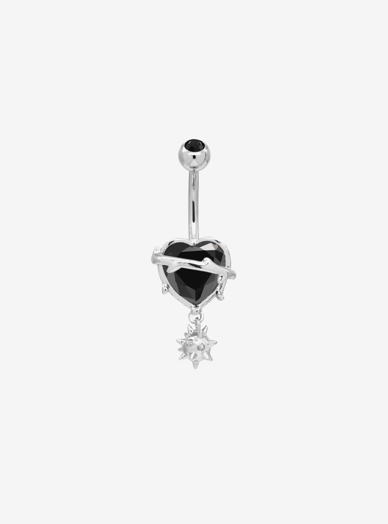 14G Steel Black Heart Navel Barbell, , hi-res