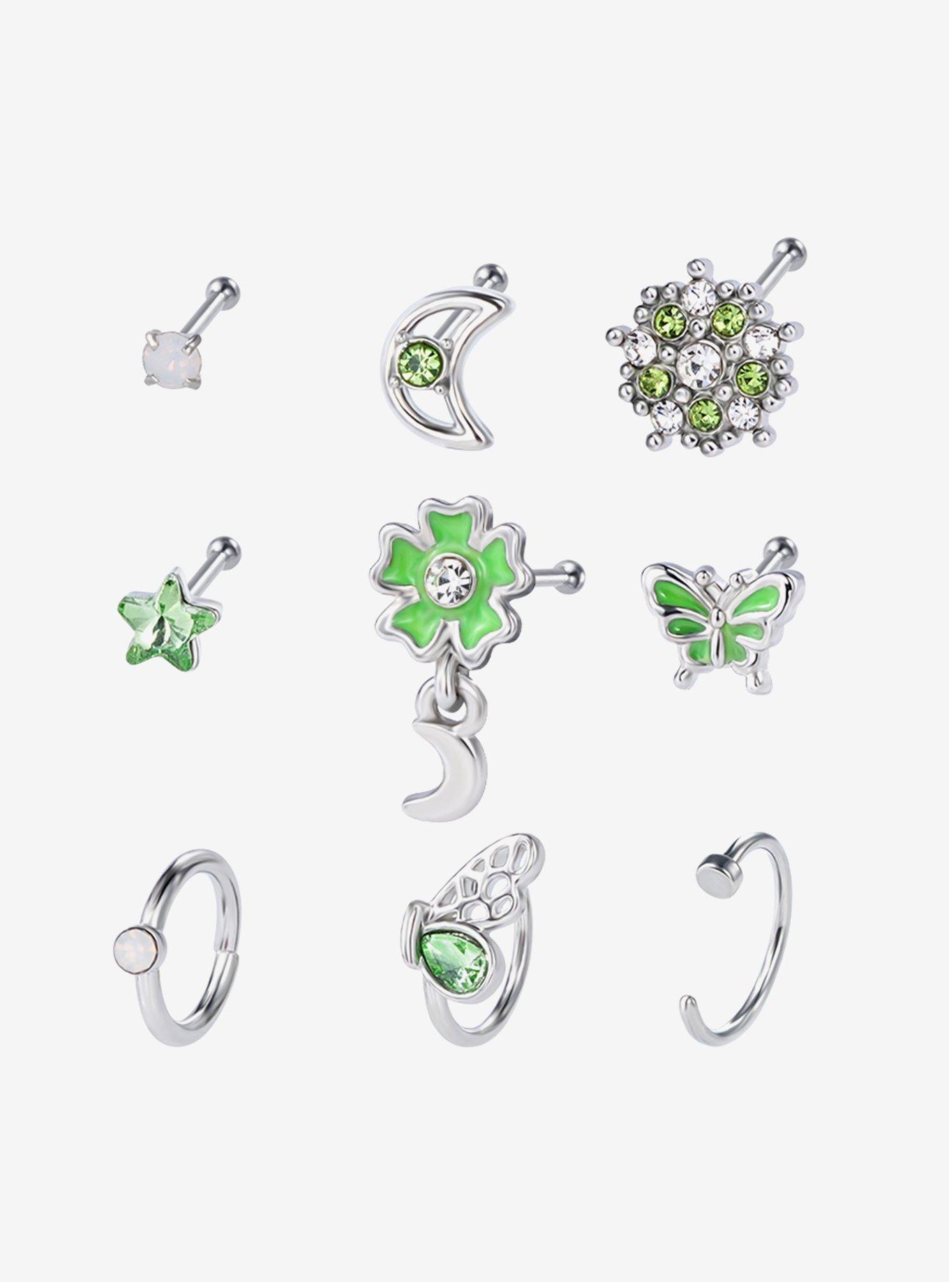 20G Steel Green Butterfly Flower Nose Stud & Hoop 9 Pack, MULTI, hi-res