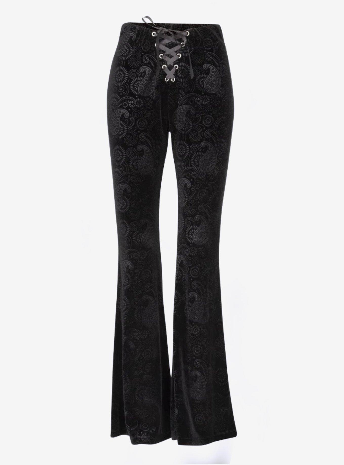 Black Velvet Paisley Bell Bottoms Flare Pants, , hi-res