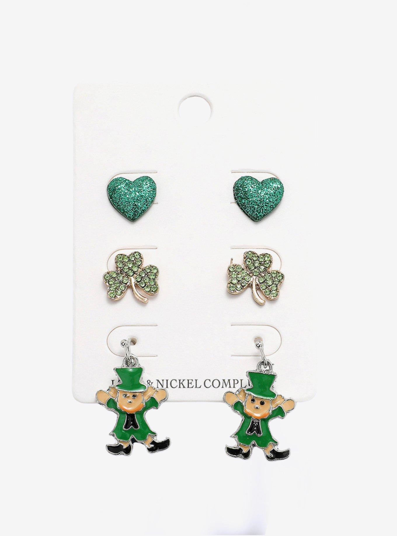 St. Patrick's Day Shamrock 3-Pairs Stud Earrings Set, , hi-res