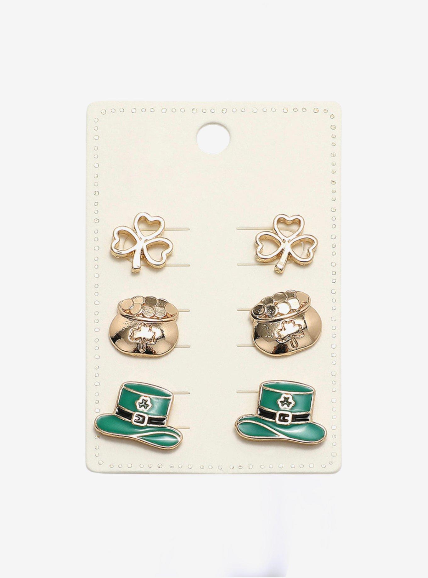 St. Patrick's Day Shamrock Pot of Gold 3-Pairs Stud Earrings Set, , hi-res
