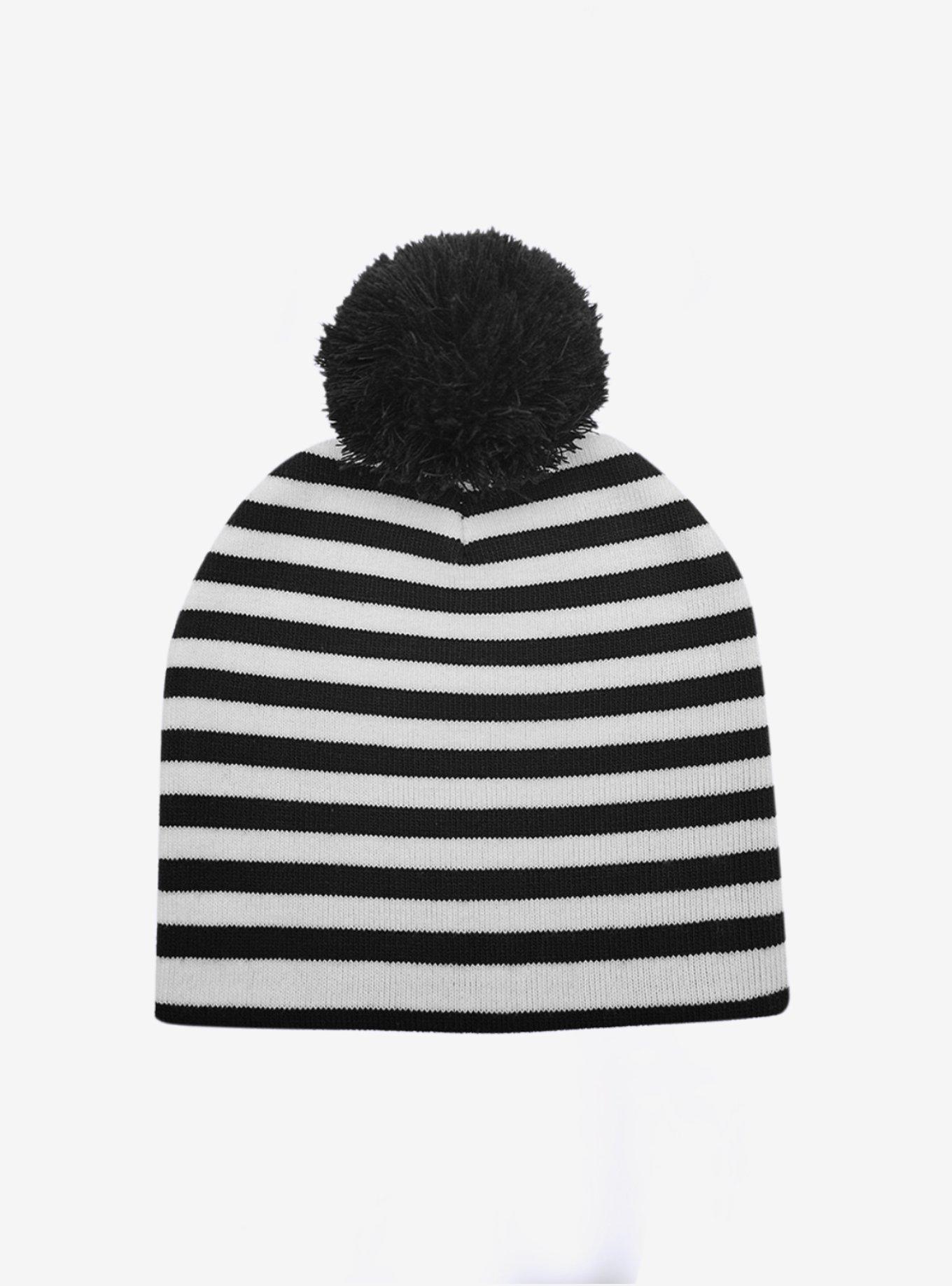 Black and White Striped Pom Pom Beanie Hat, , hi-res