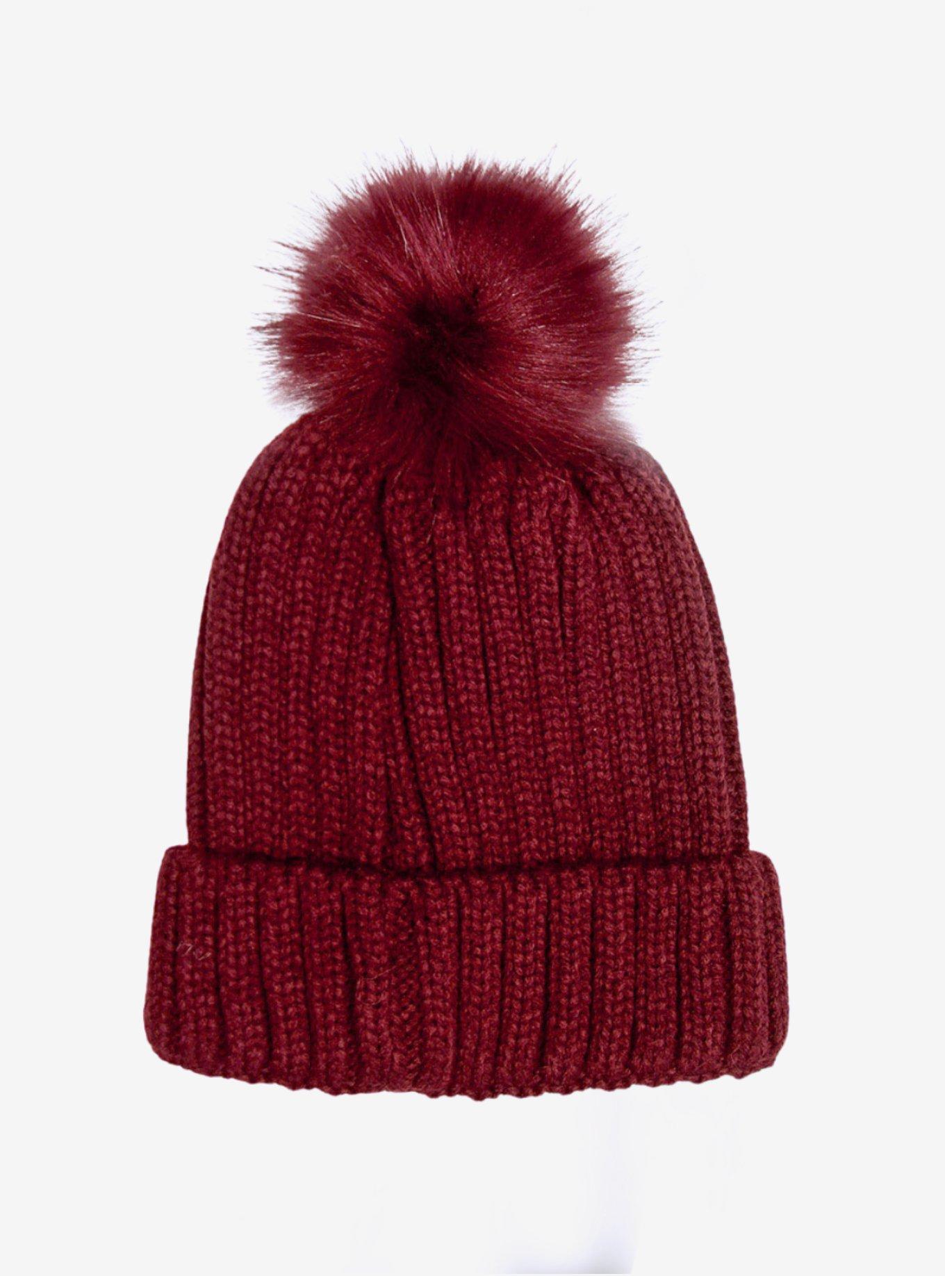 Burgundy Cable Knit Pom Pom Beanie Hat, , hi-res