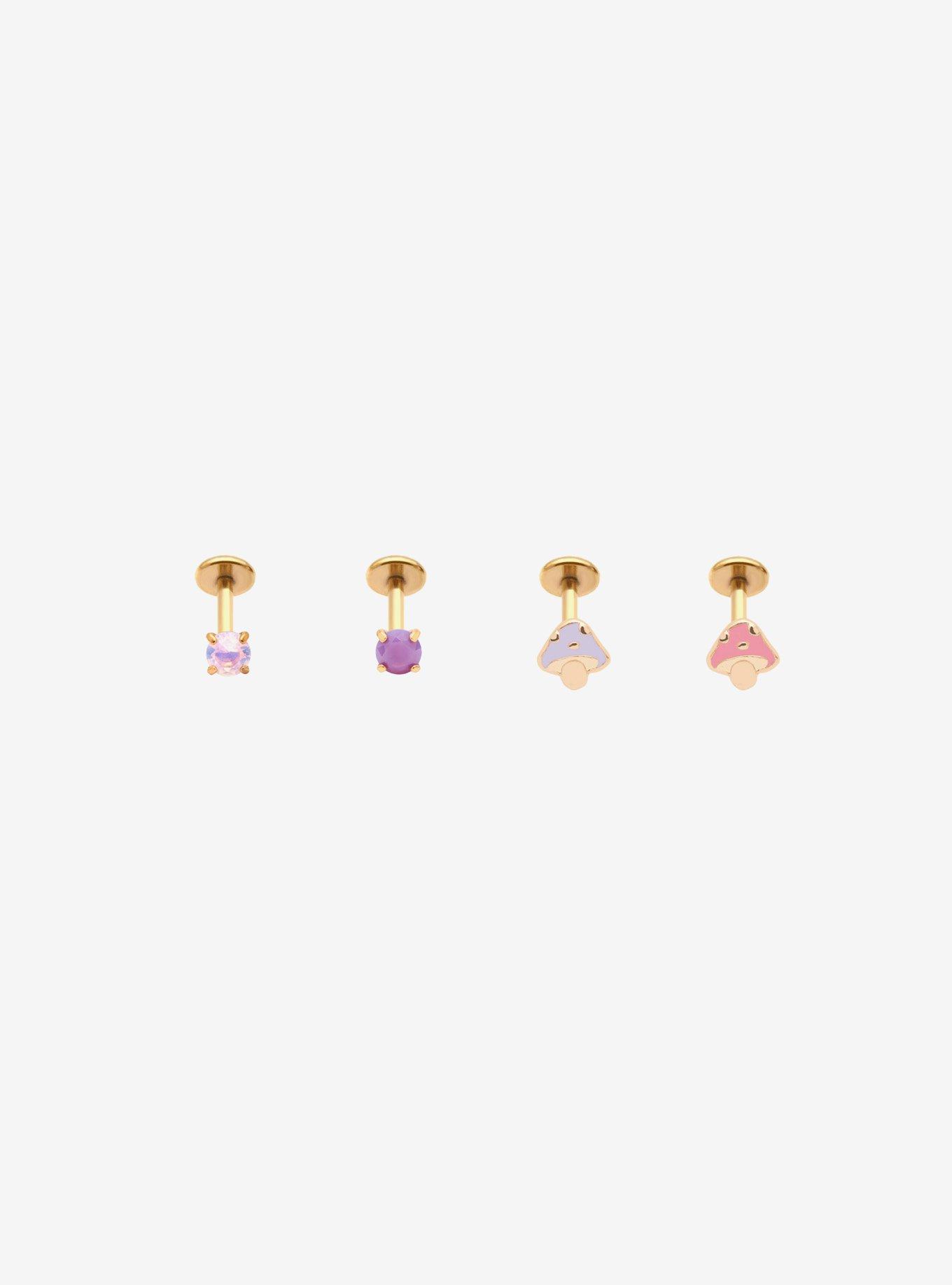Steel Pink & Purple Mushroom Gem Labret Stud 4 Pack, , hi-res