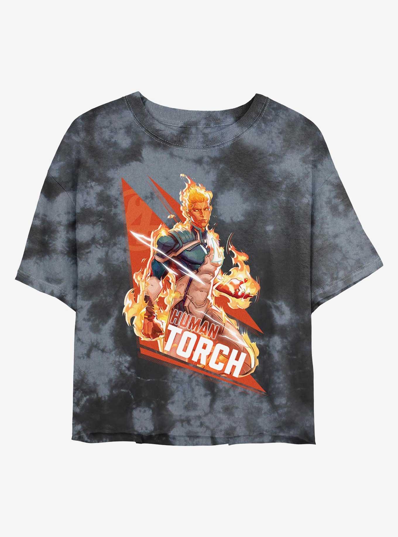 Marvel Rivals Human Torch Big Fire Tie-Dye Girls Crop T-Shirt, BLKCHAR, hi-res