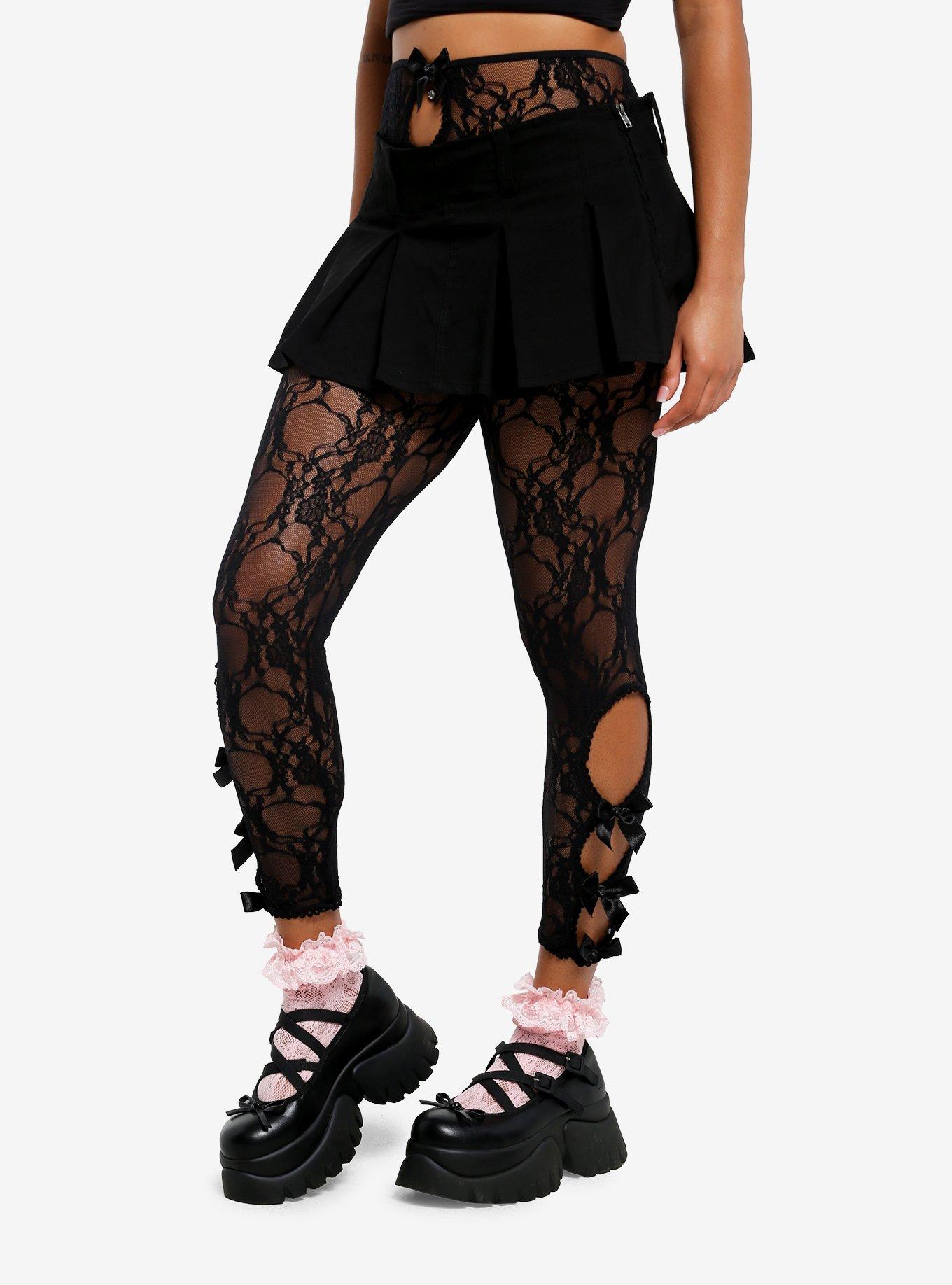 Leg Avenue Black Floral Lace Footless Capri Tights, , hi-res