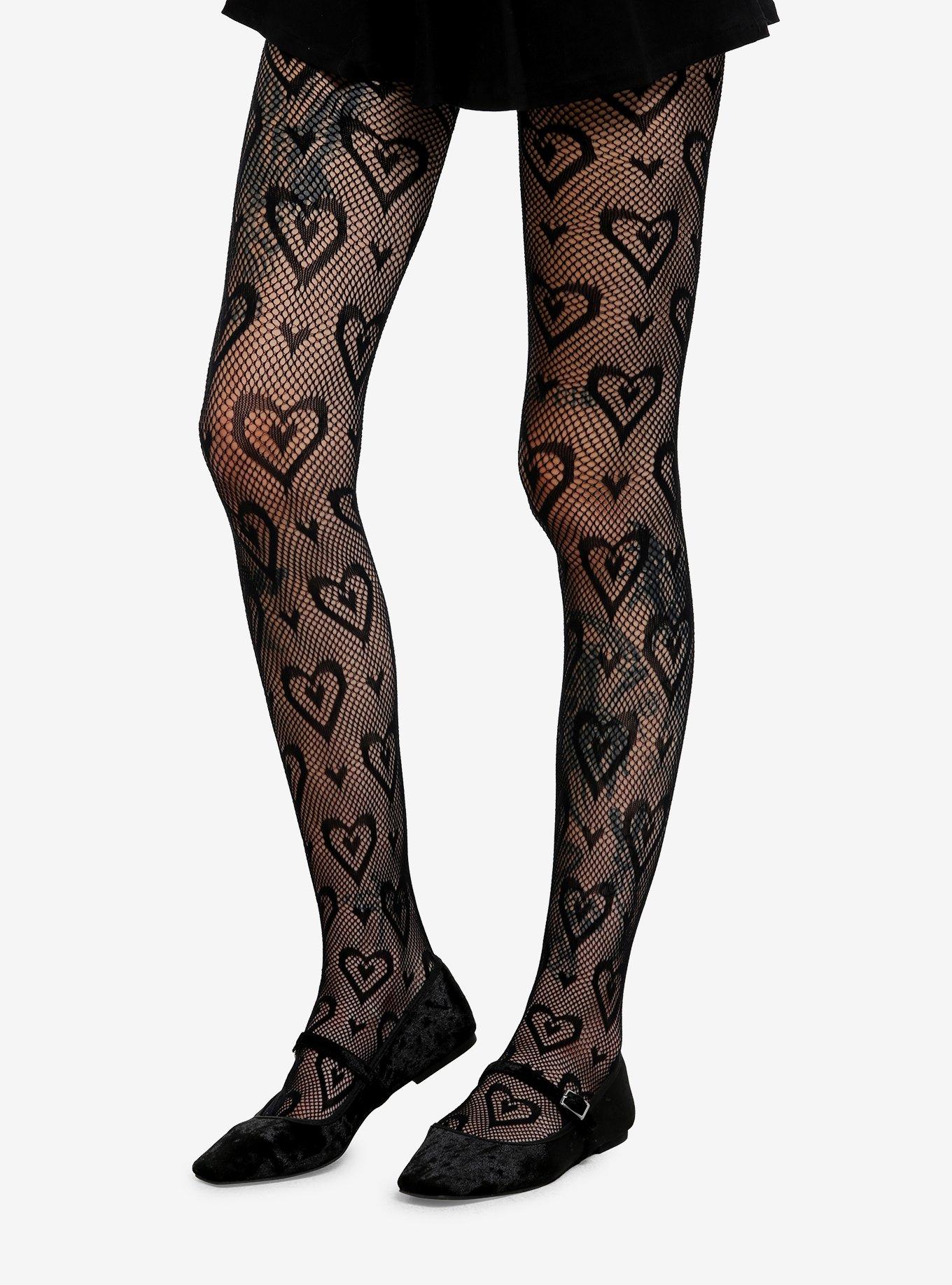 Leg Avenue Black Double Heart Fishnet Tights, , hi-res
