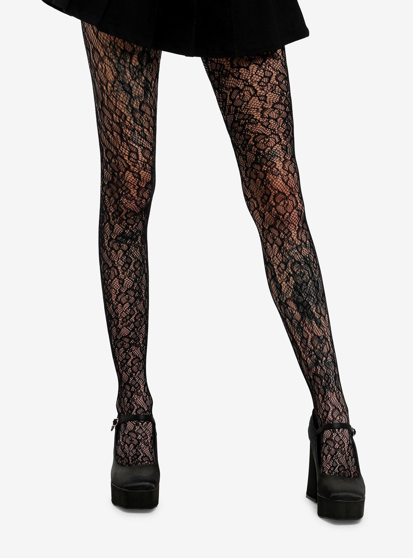 Leg Avenue Black Floral Lace Tights, , hi-res