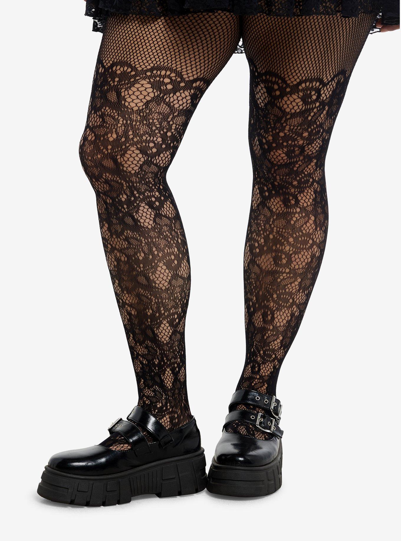 Leg Avenue Black Floral Vine Fishnet Tights Plus Size, , hi-res