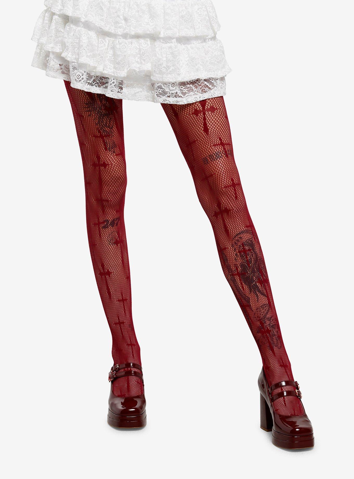 Leg Avenue Burgundy Cross Fishnet Tights, , hi-res