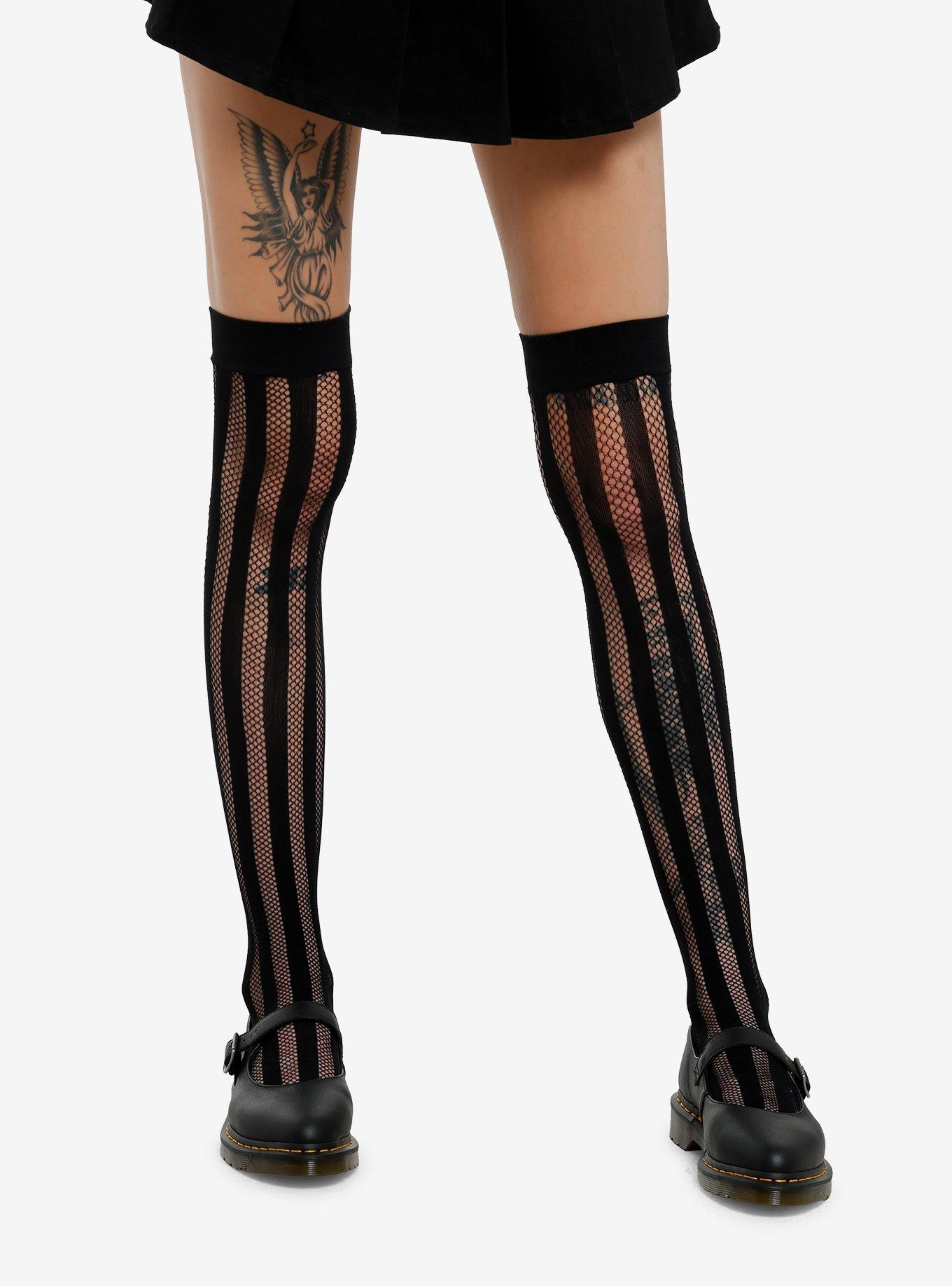 Leg Avenue Black Stripe Fishnet Thigh Highs, , hi-res
