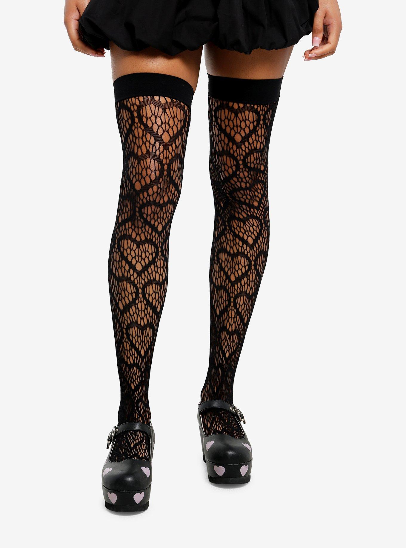 Black Heart Fishnet Thigh Highs, , hi-res