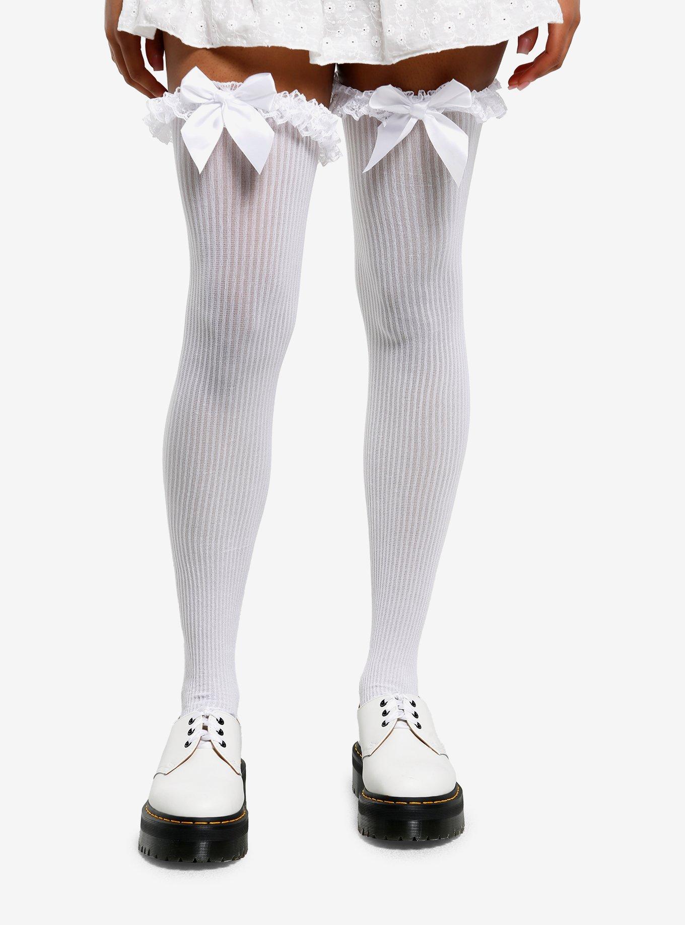 Leg Avenue White Bow Stripe Sheer Thigh Highs, , hi-res