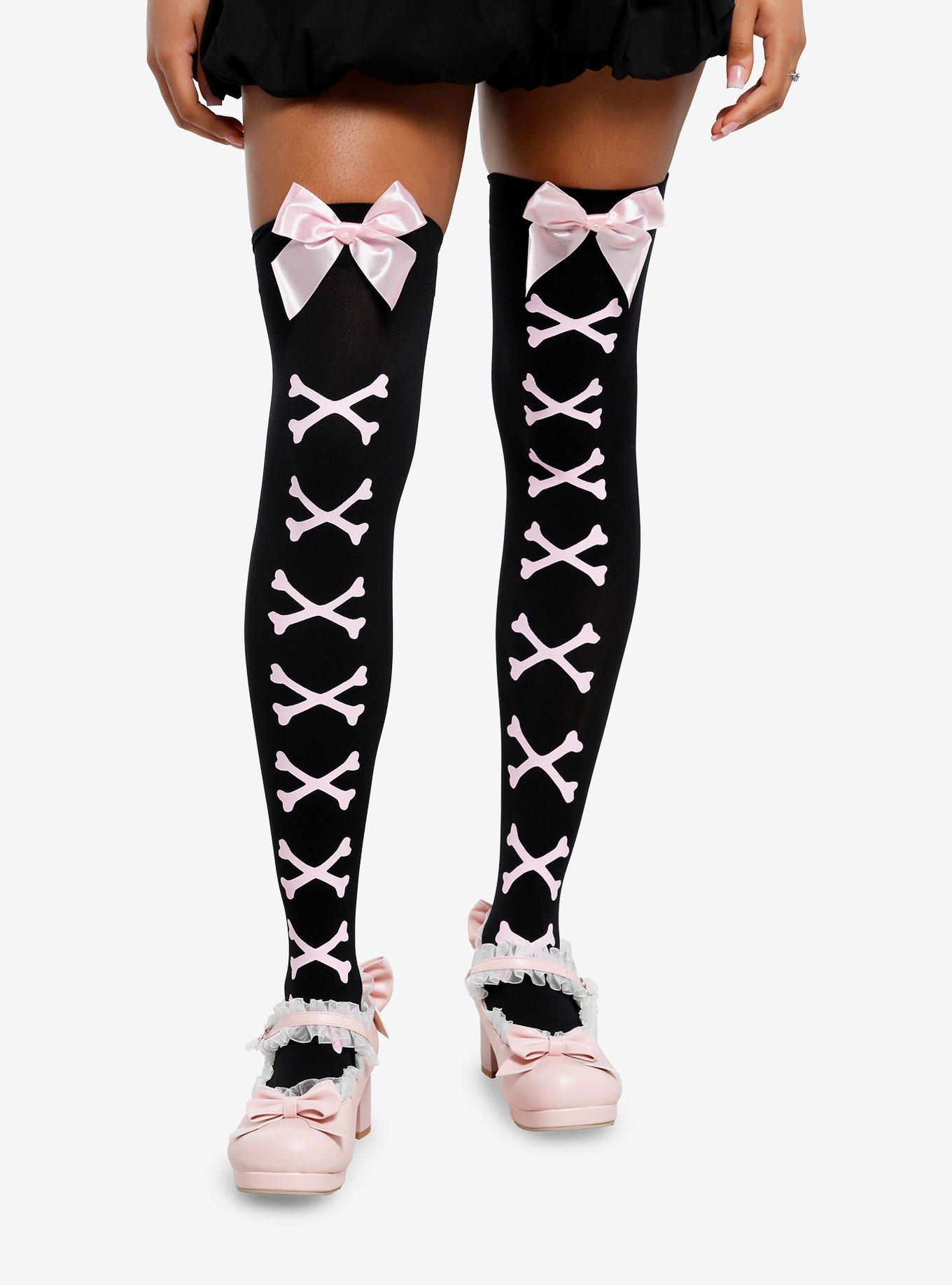 Leg Avenue Black & Pink Crossbones Bow Thigh Highs, , hi-res