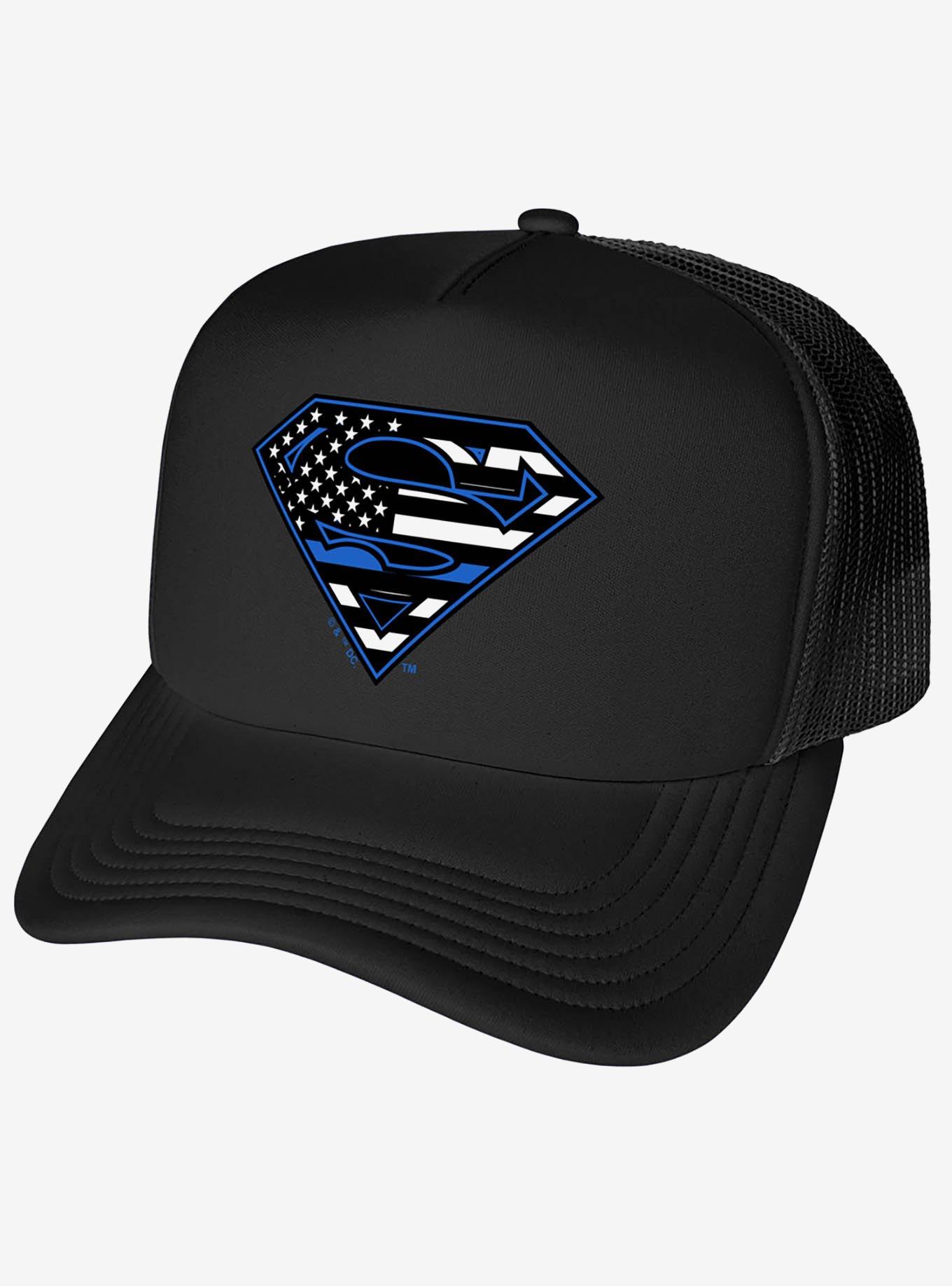 Superman Thin Blue Line Flag Shield Logo Foam Trucker Hat, , hi-res