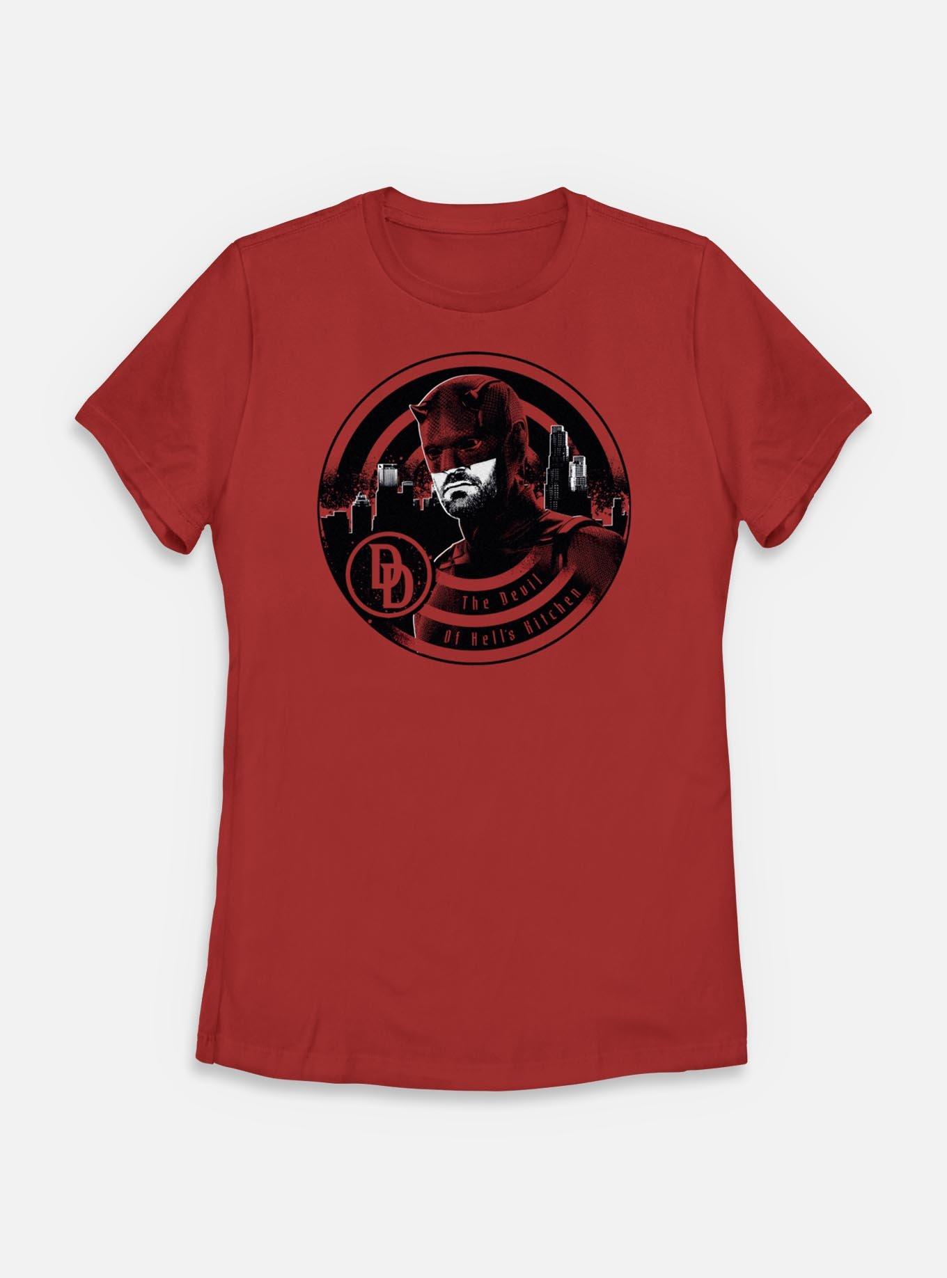 Marvel Daredevil: Born Again Daredevil Hell's Kitchen Silhouette Womens T-Shirt, RED, hi-res