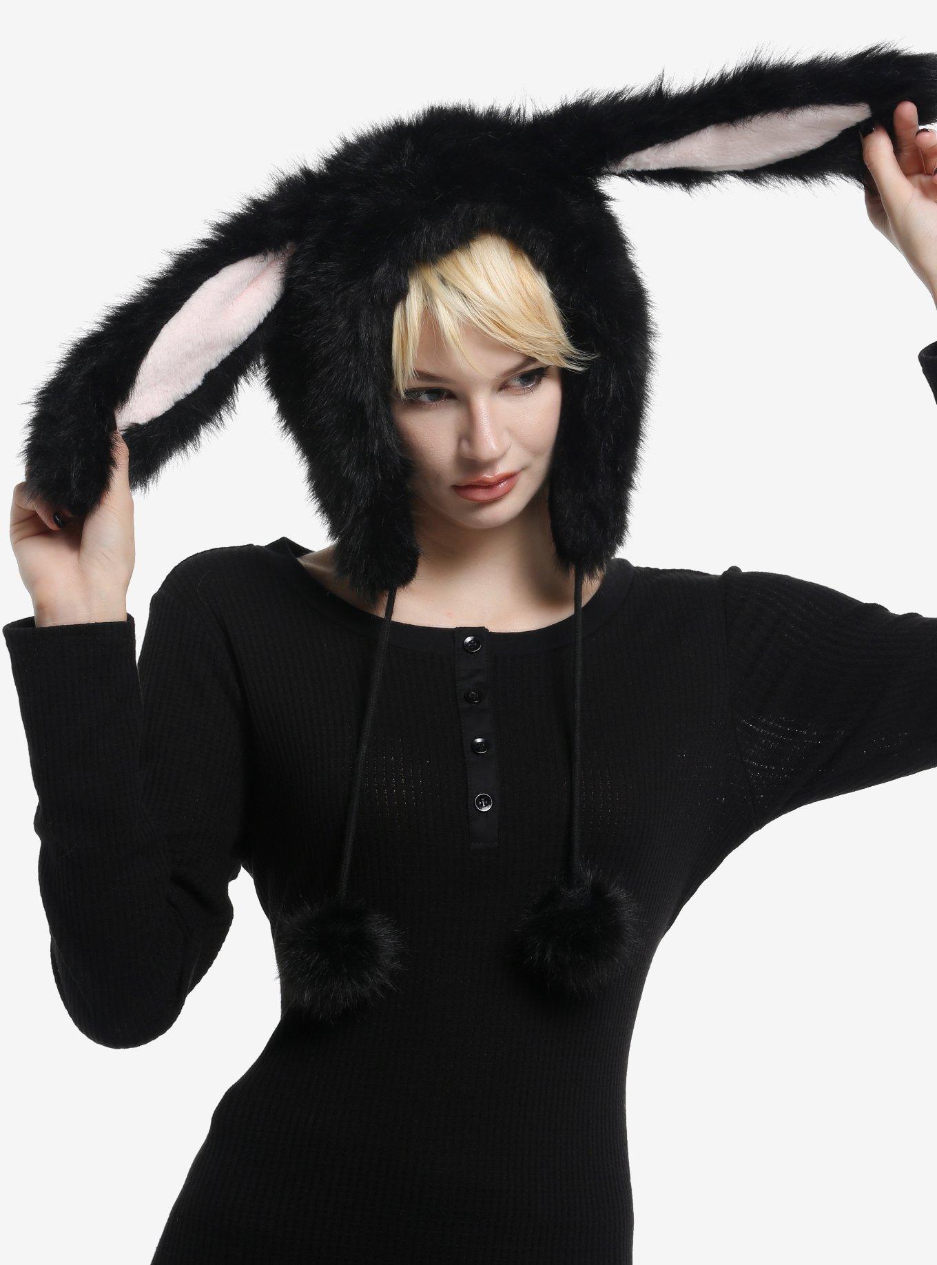 Black Bunny Ears Fuzzy Tassel Beanie, , hi-res
