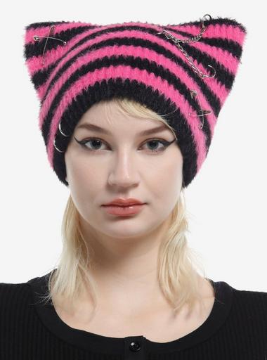 Pink & Black Stripe Pierced Subtle Ear Beanie | Hot Topic display picture 2