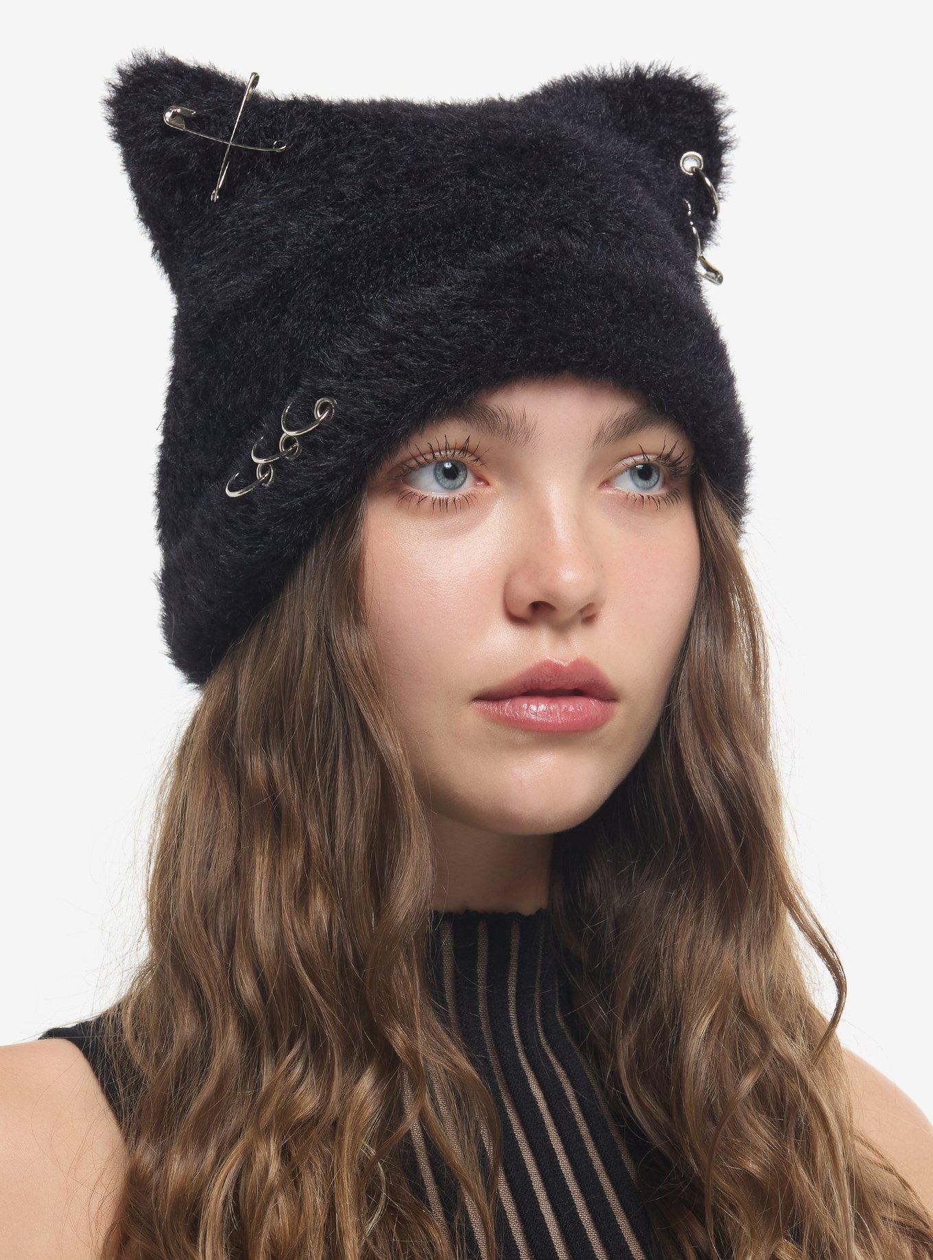 Black Fuzzy Pierced Cat Ear Beanie | Hot Topic