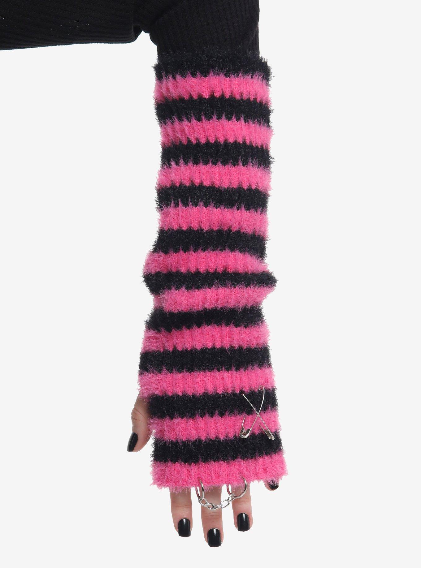 Pink & Black Stripe Pierced Fuzzy Arm Warmers, , hi-res