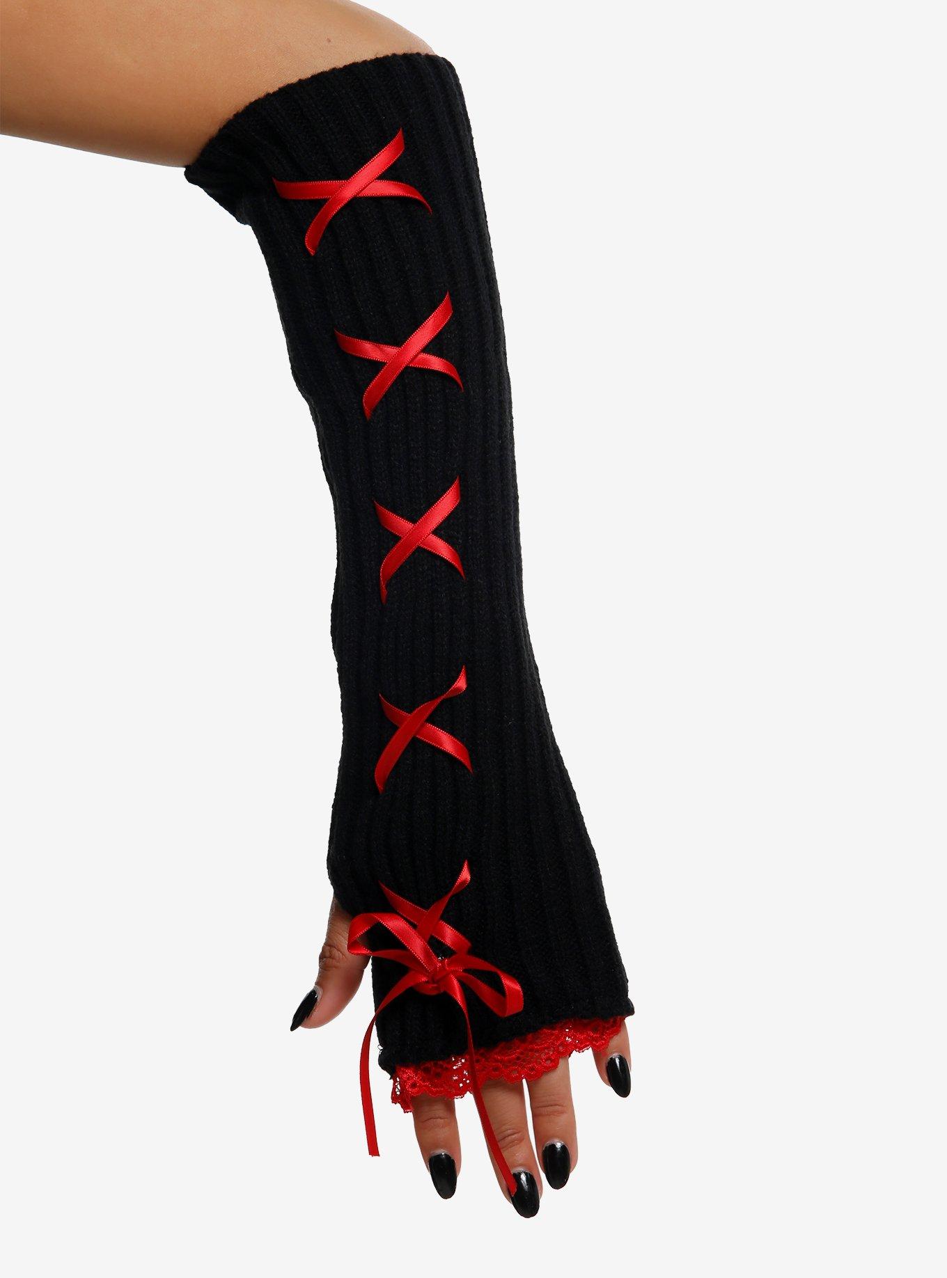 Red & Black Lace-Up Ribbon Arm Warmers | Hot Topic