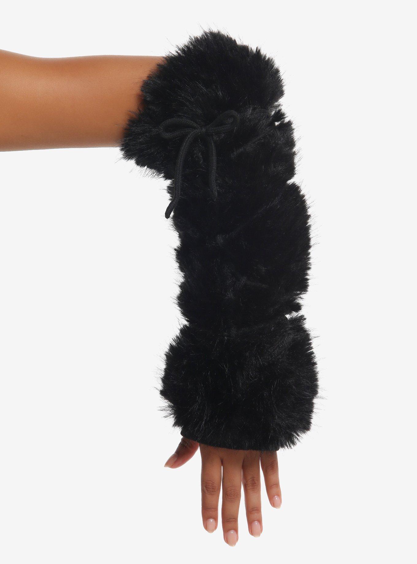 Black Lace-Up Fuzzy Arm Warmers, , hi-res