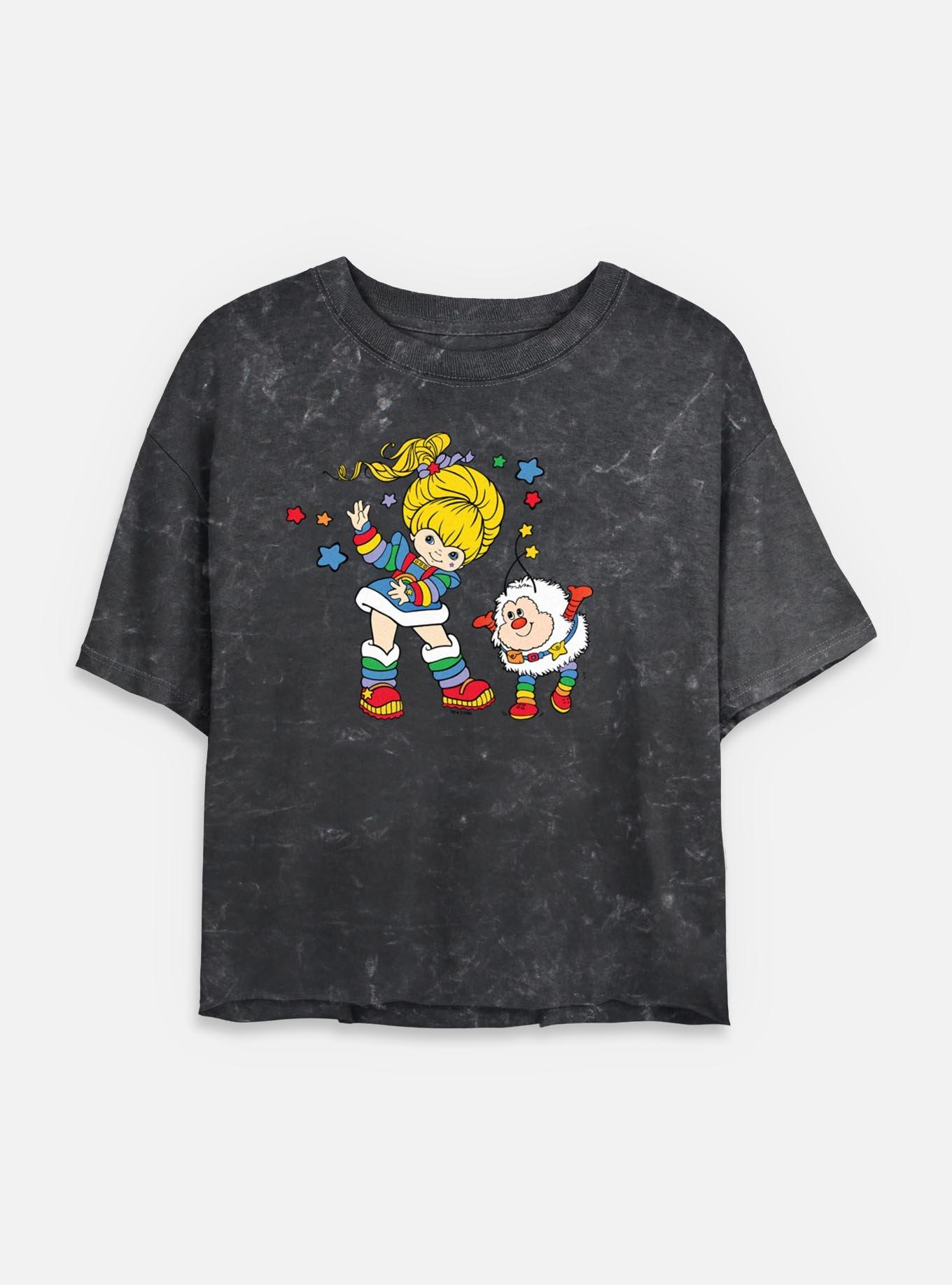 Rainbow Brite Rainbow And Twink Mineral Wash Womens Crop T-Shirt, BLACK, hi-res