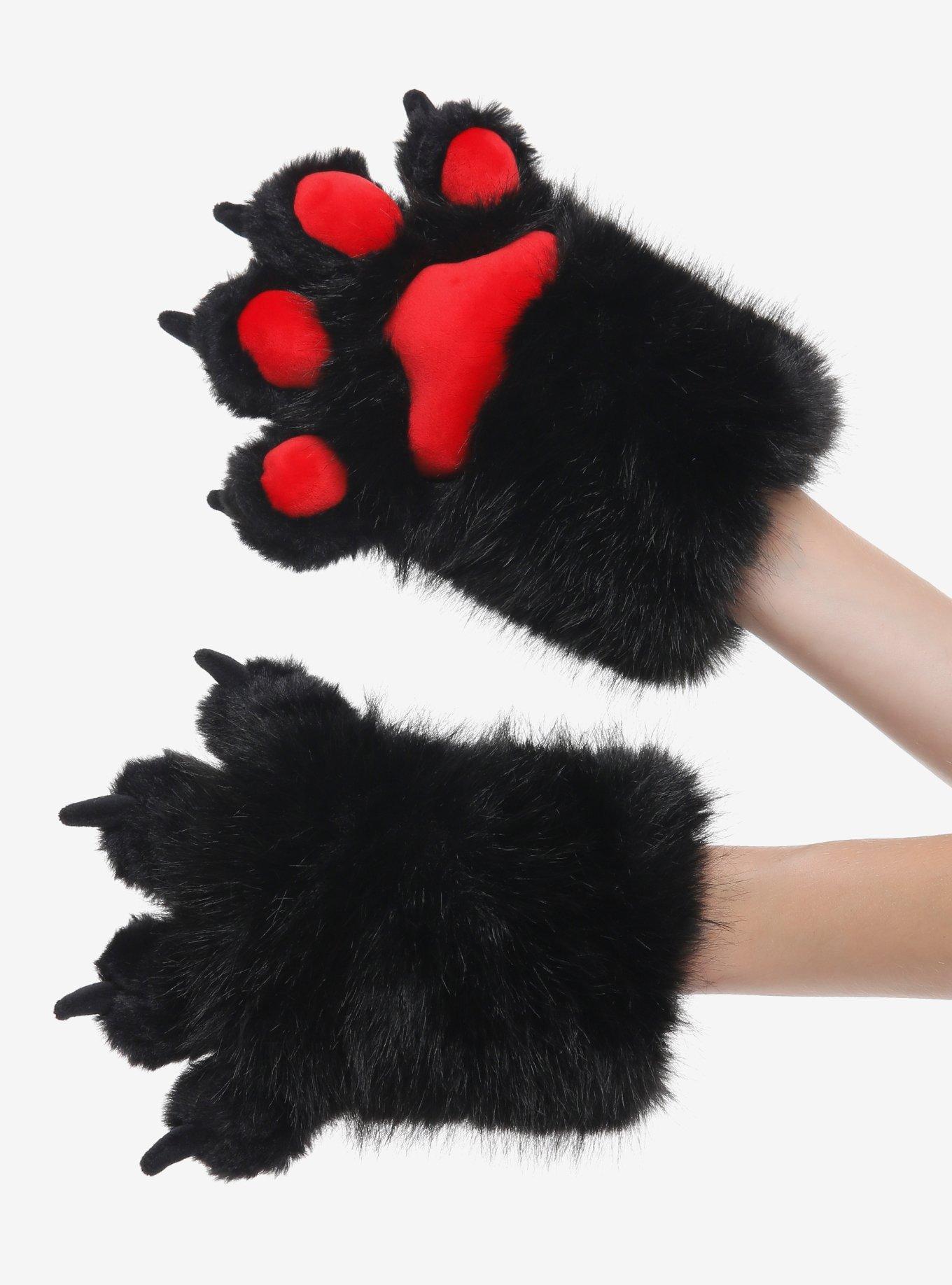 Red & Black Fuzzy Cat Paw Gloves, , hi-res