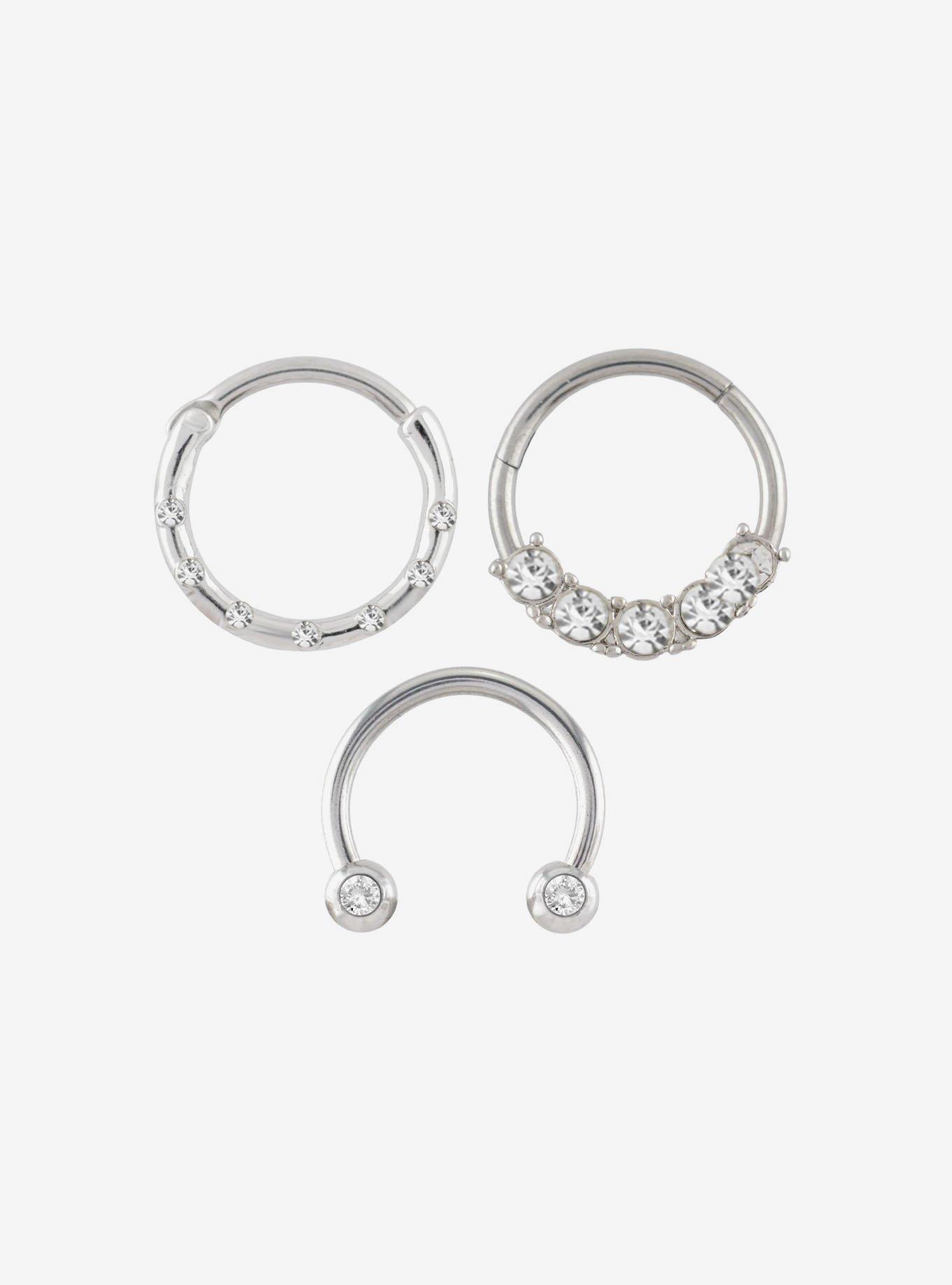 14G Steel Silver Gem Septum Circular Barbell & Hinged Clicker 3 Pack, , hi-res