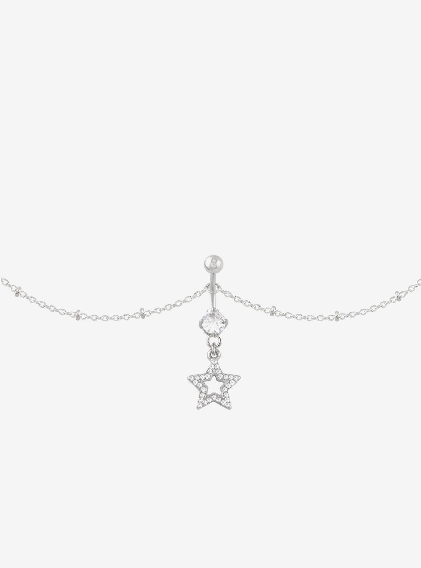 14G Steel Silver Star CZ Gem Navel Barbell &  Belly Chain, , hi-res