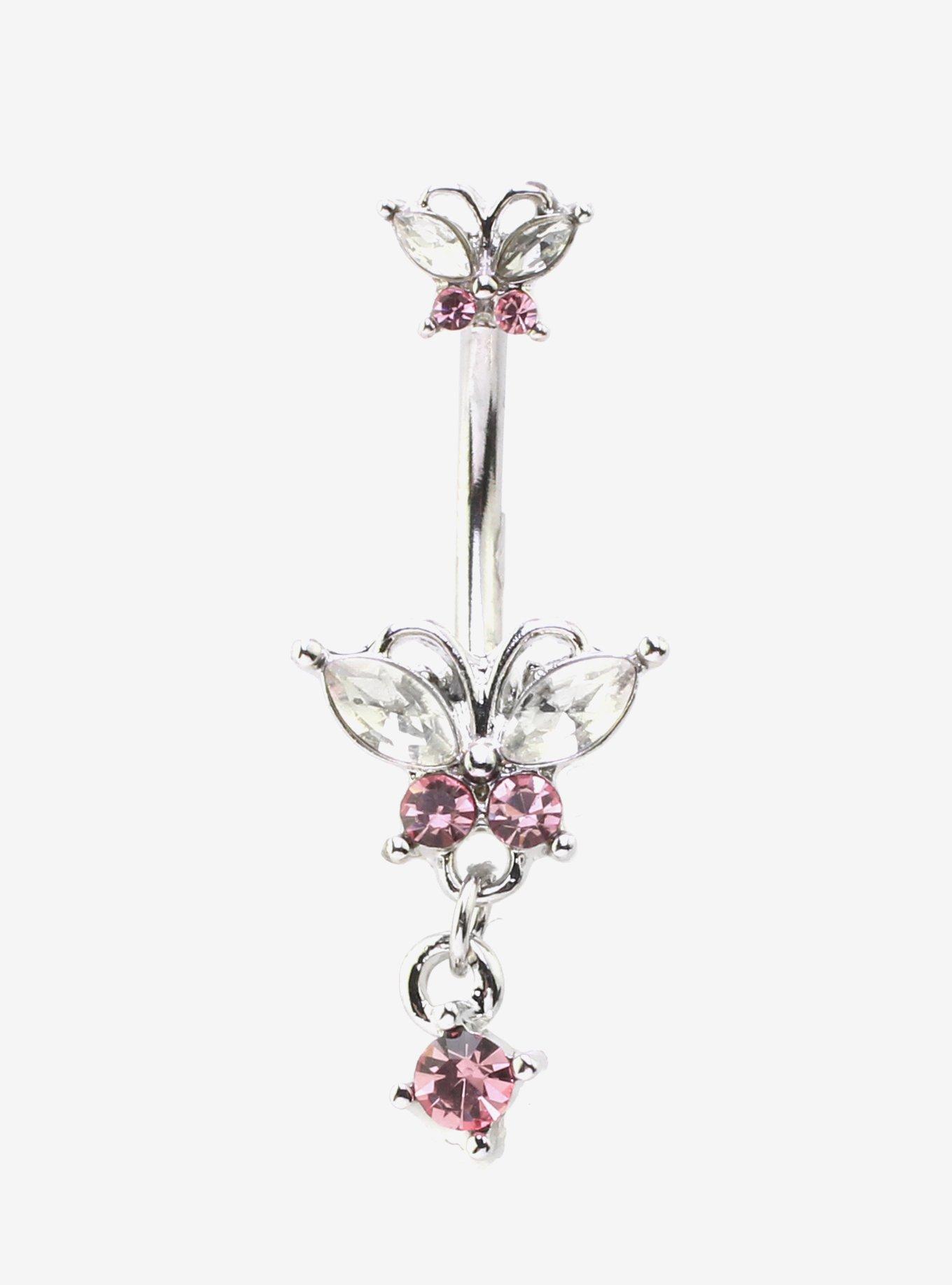14G Steel Silver Butterfly Gem Navel Barbell, , hi-res