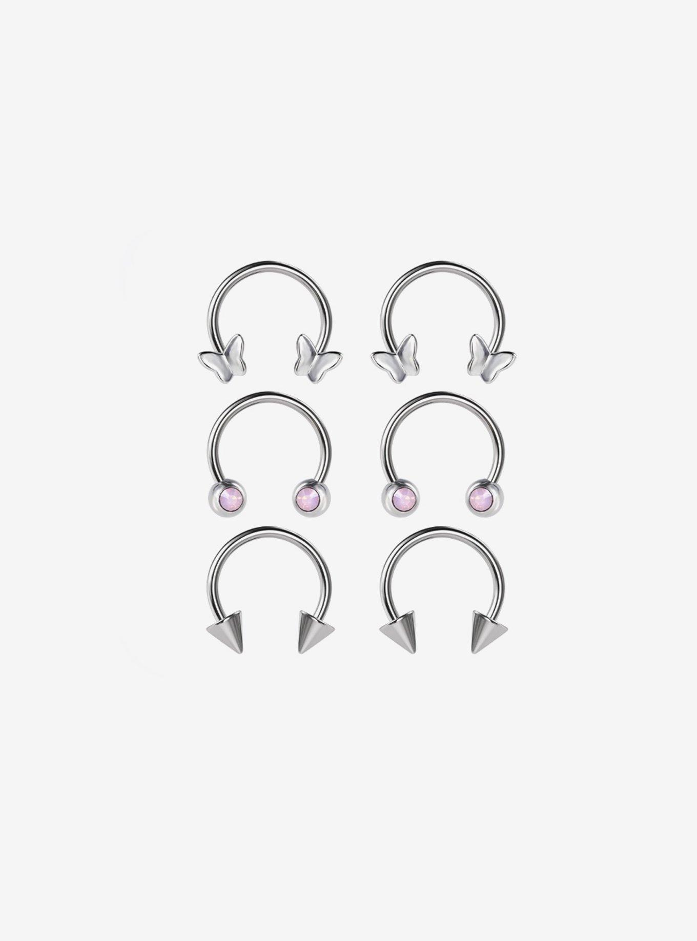 16G Steel Silver Butterfly & Pink Bead Circular Barbell 6 Pack, , hi-res