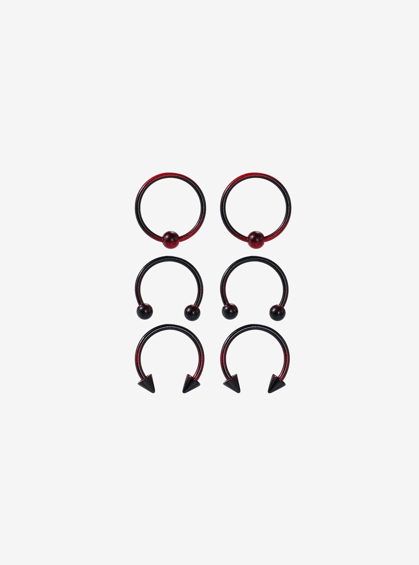 20G Steel Black & Red Ombre Circular Barbell & Captive Hoop 6 Pack, MULTI, hi-res
