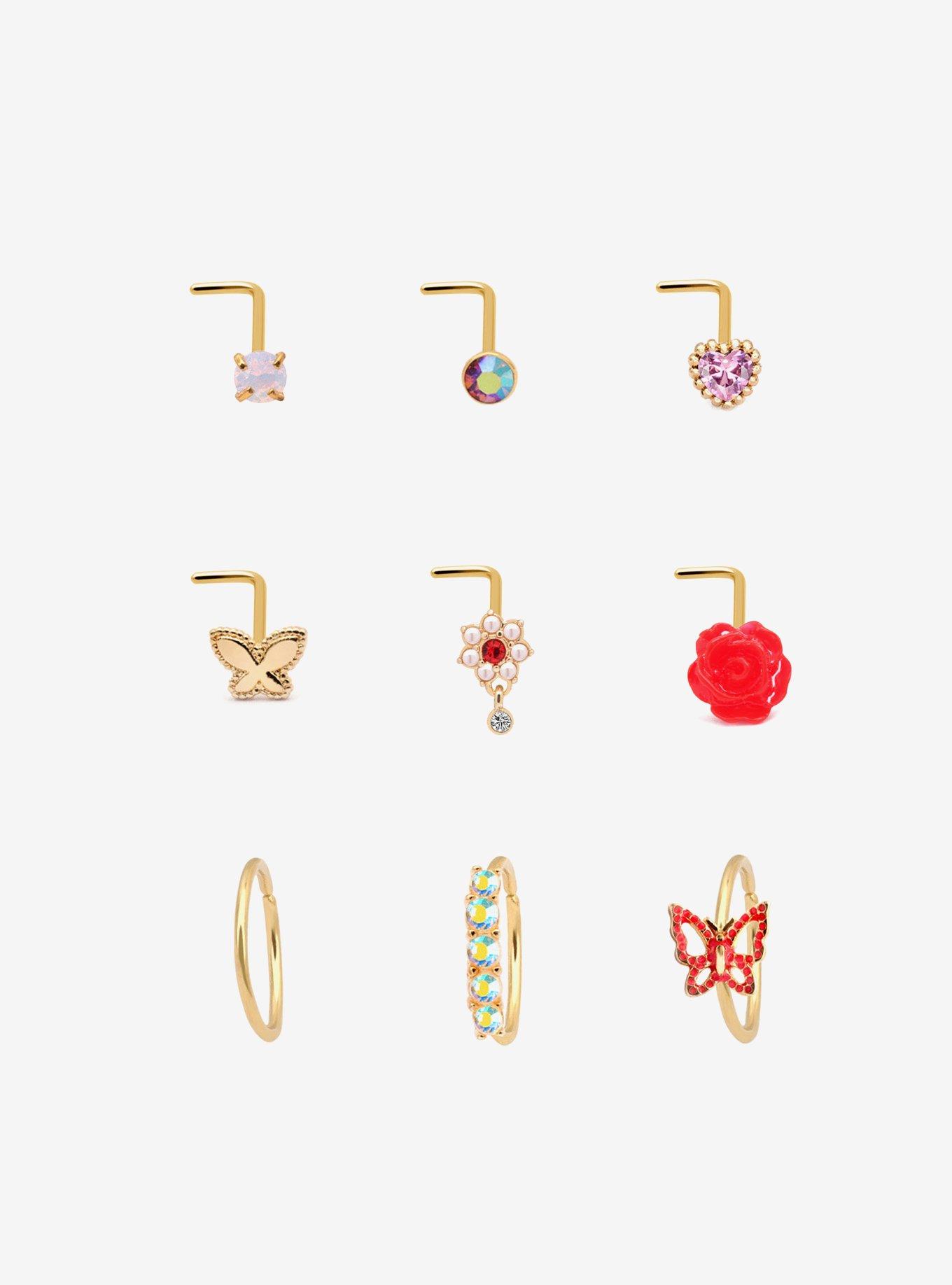 Steel Floral Butterfly Heart Nose Stud & Hoop 9 Pack, , hi-res