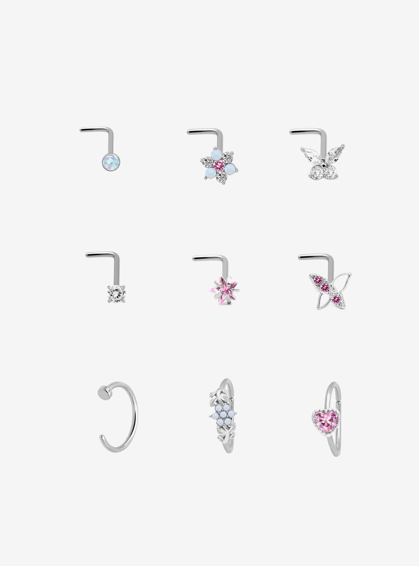 Steel Floral Butterfly Opal Nose Stud  Hoop 9 Pack