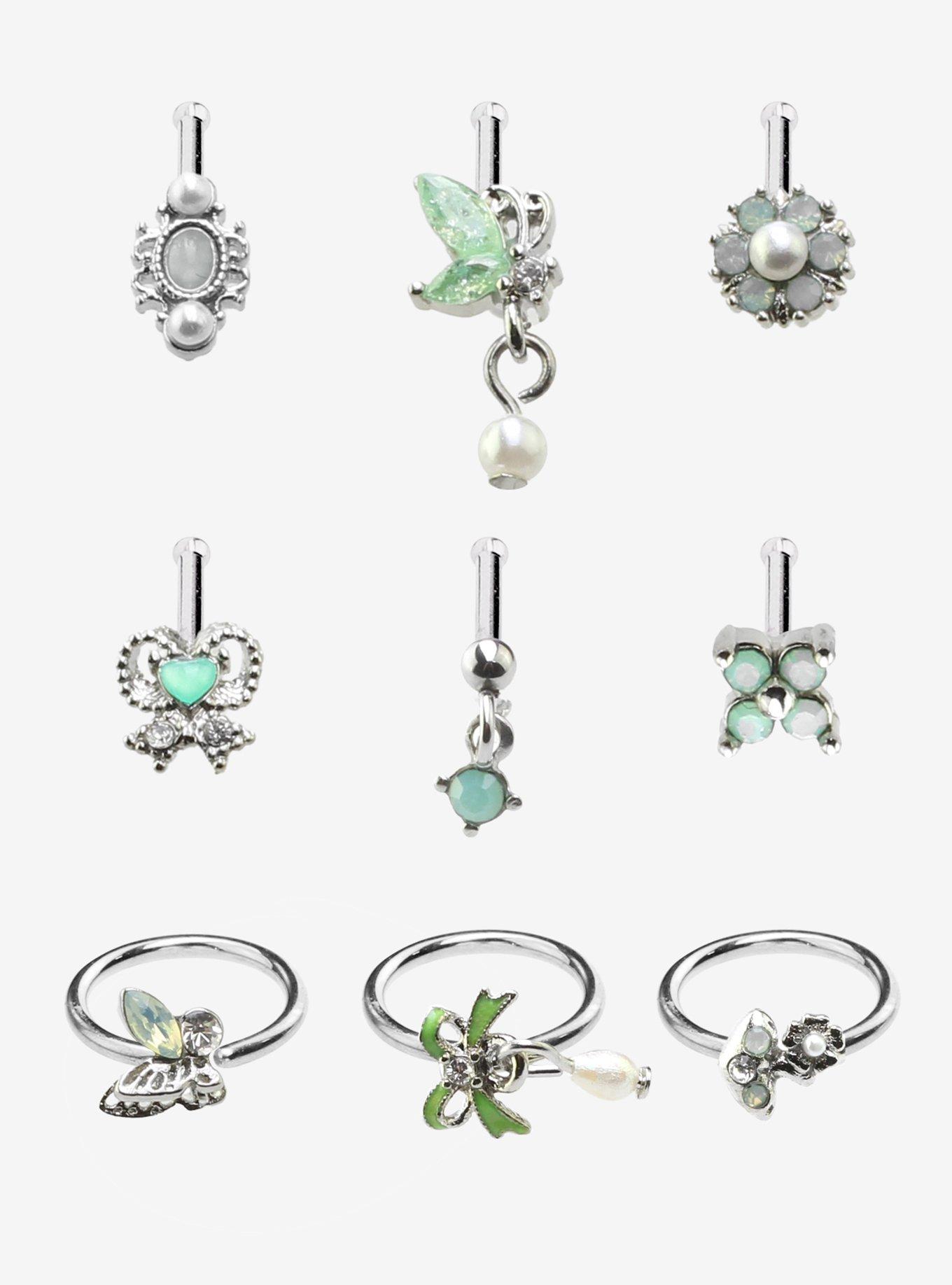 Steel Green Fairy Bling Nose Stud & Hoop 9 Pack, , hi-res