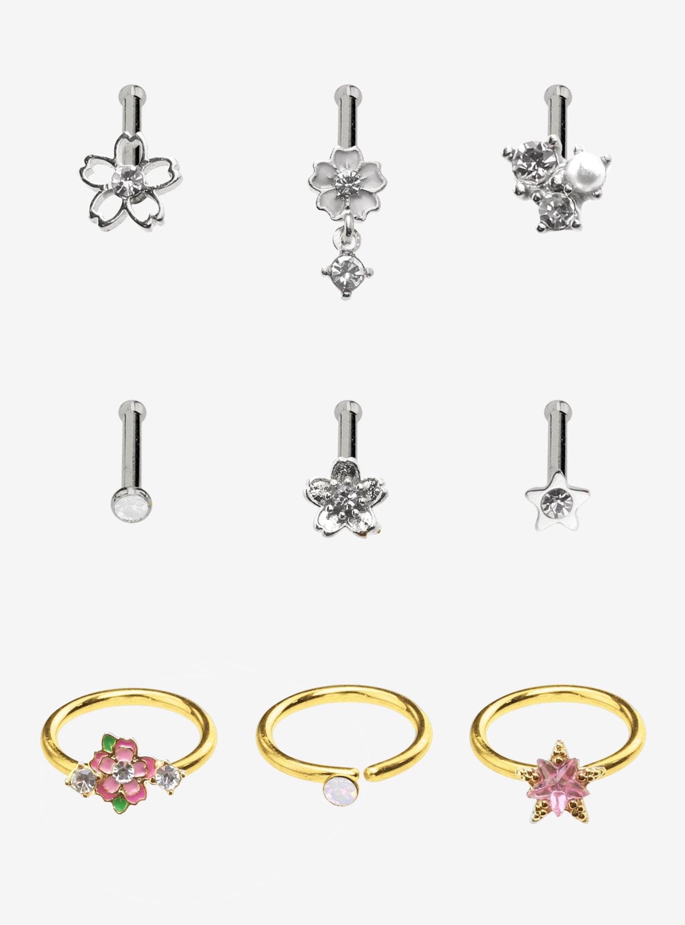 Steel Sakura Flower Bling Nose Stud & Hoop 9 Pack, , hi-res