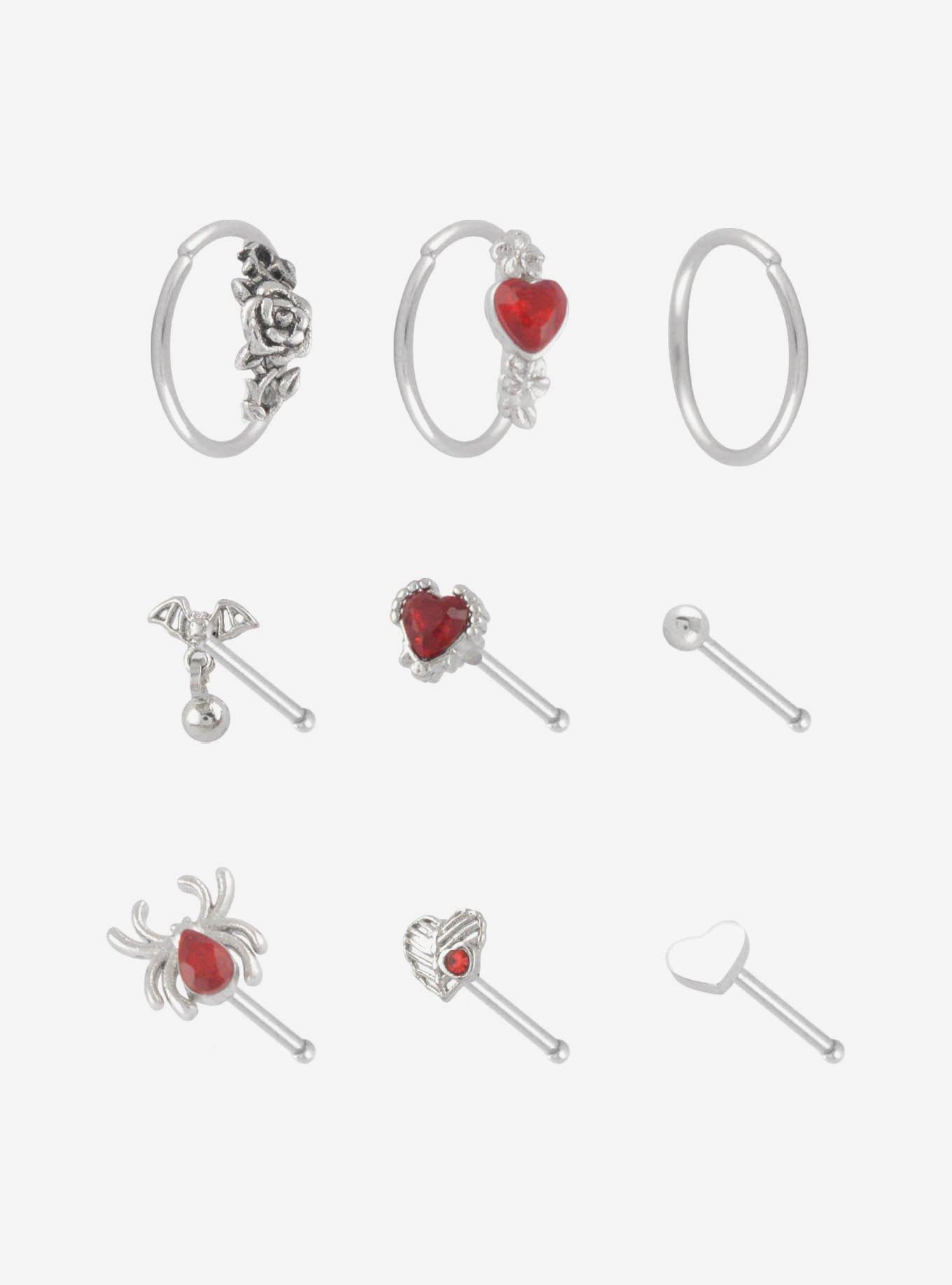 Steel Silver Heart & Bat Nose Stud & Hoop 9 Pack, MULTI, hi-res
