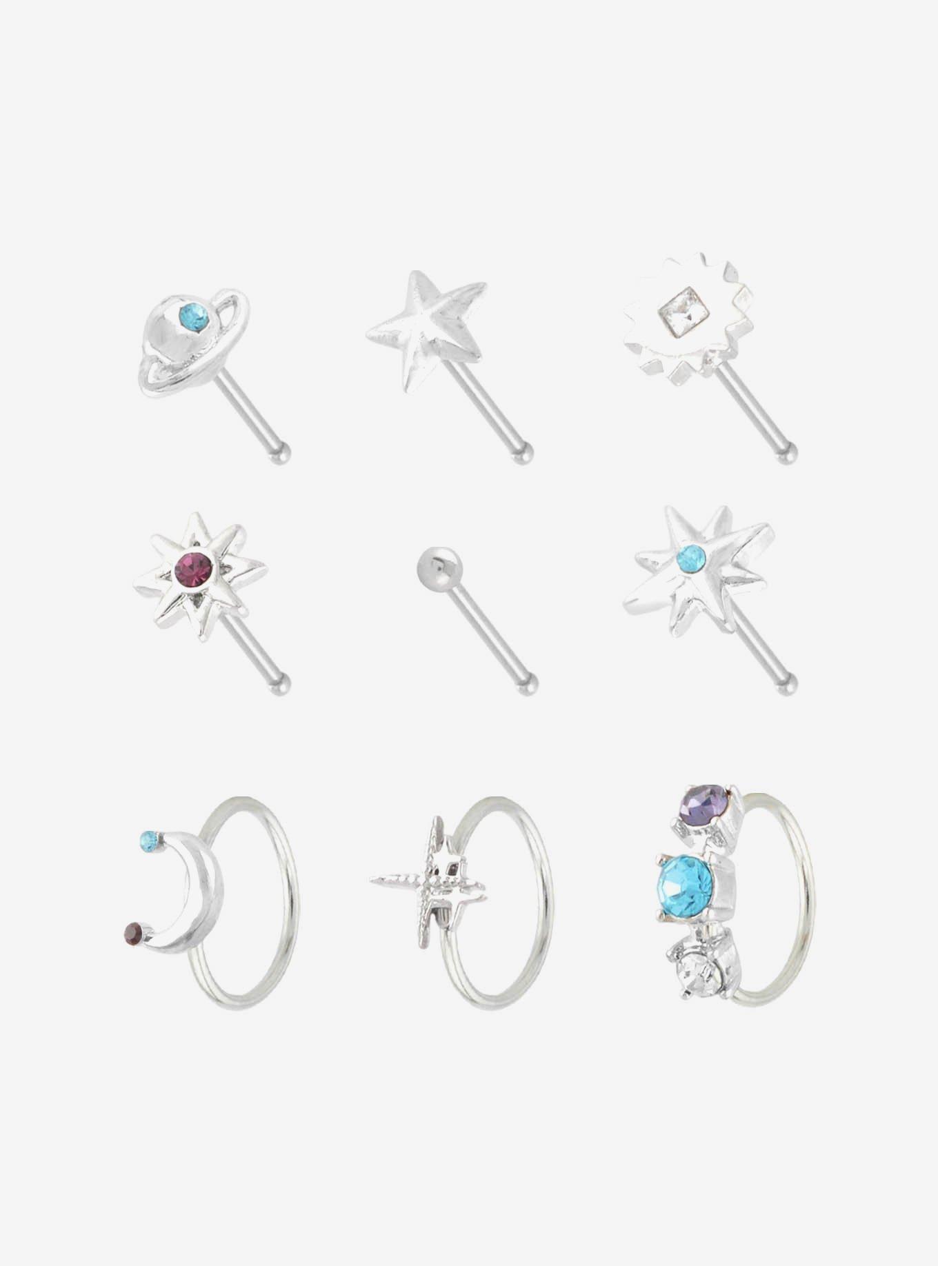 Steel Silver Planets & Stars Nose Stud & Hoop 9 Pack, , hi-res