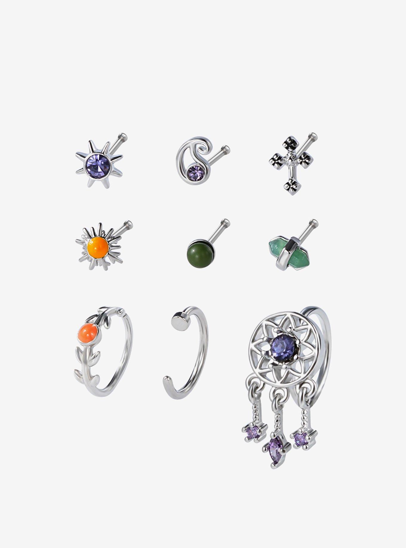 Steel Silver Boho Gem Nose Stud & Hoop 9 Pack, , hi-res