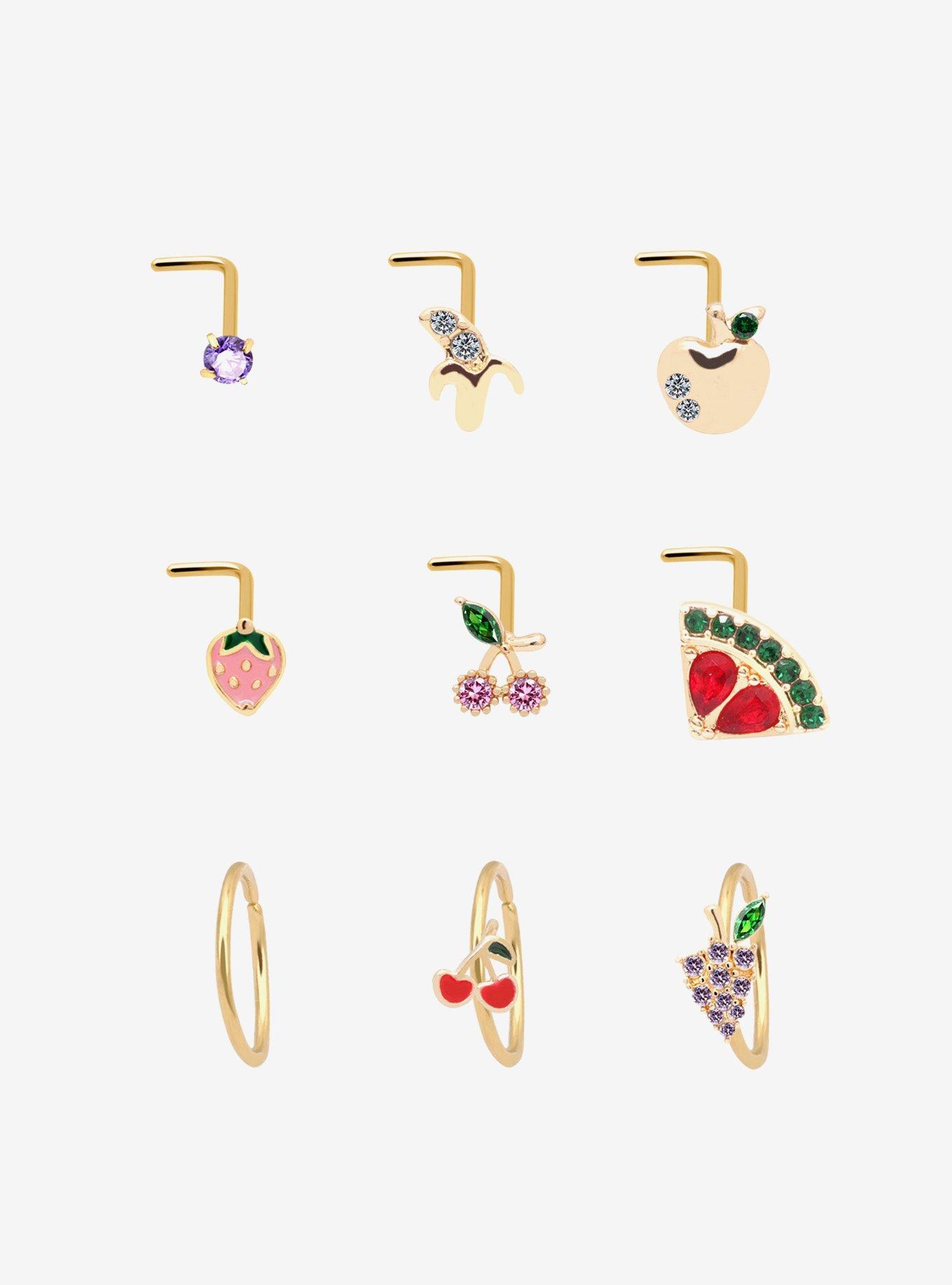 Steel Fruit Bling Nose Stud & Hoop 9 Pack, , hi-res