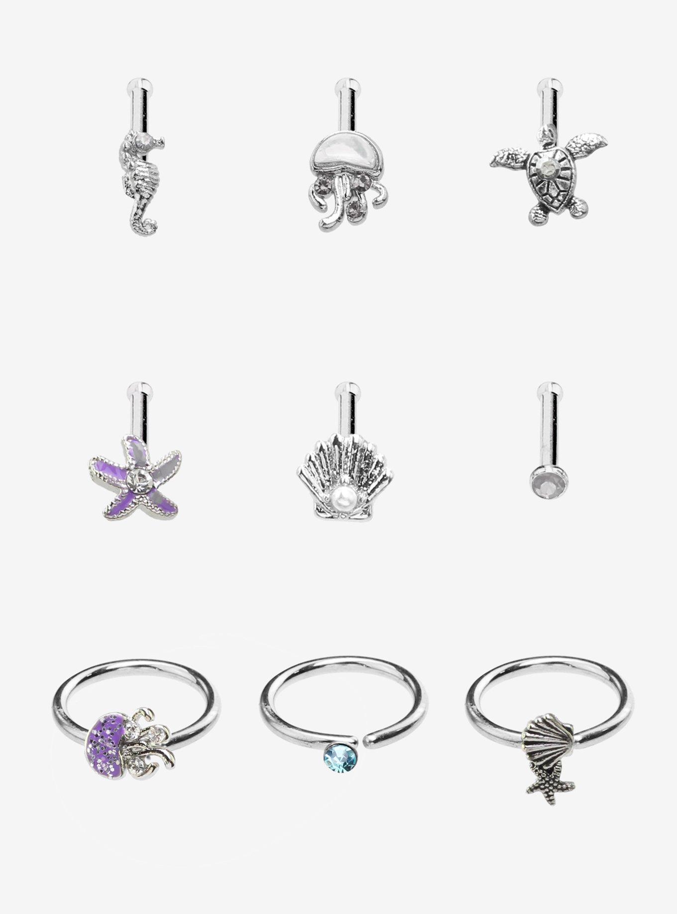 Steel Sea Creature Nose Stud & Hoop 9 Pack, MULTI, hi-res