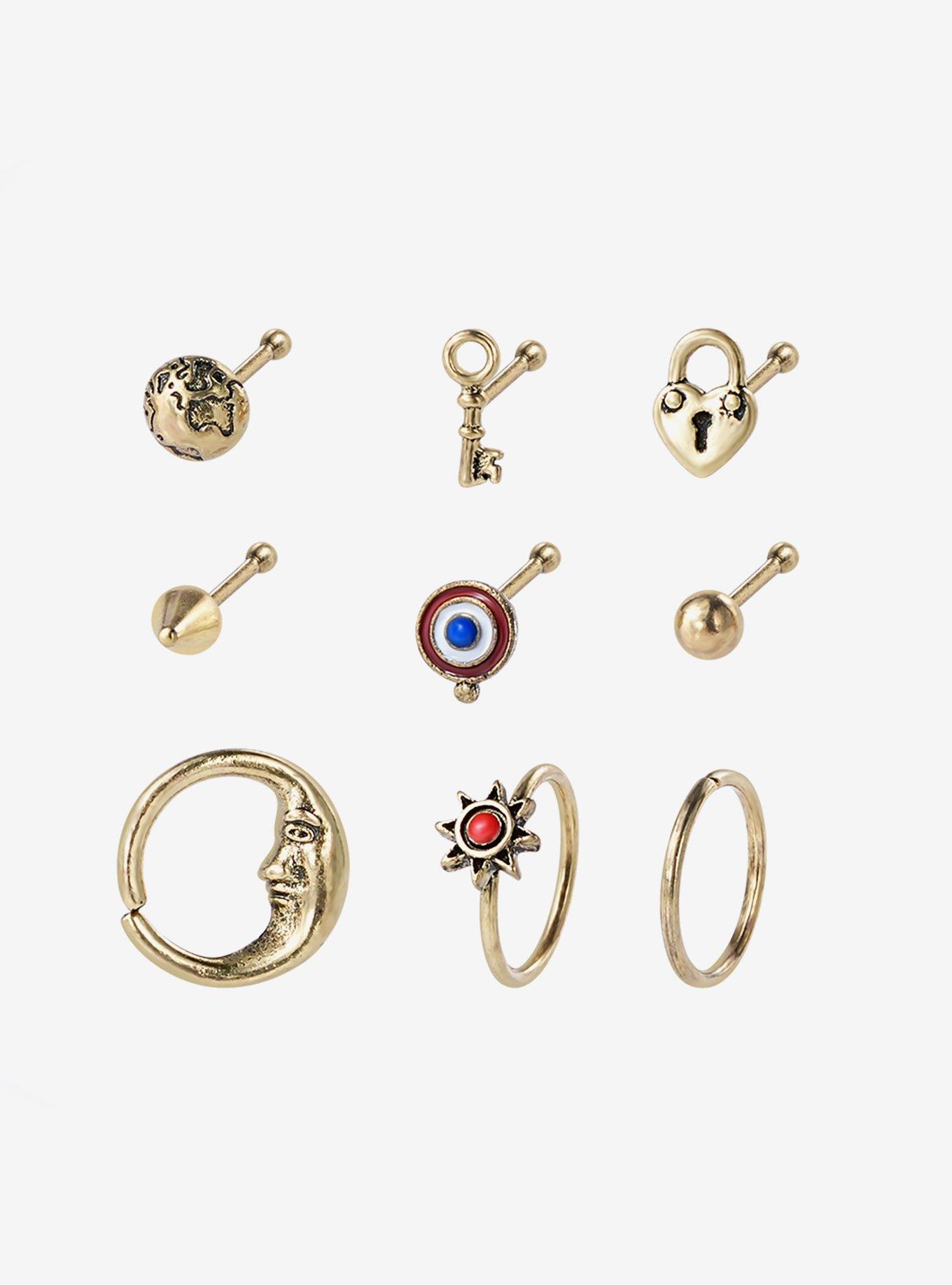 20G Steel Vintage Celestial World Nose Stud & Hoop 9 Pack, , hi-res
