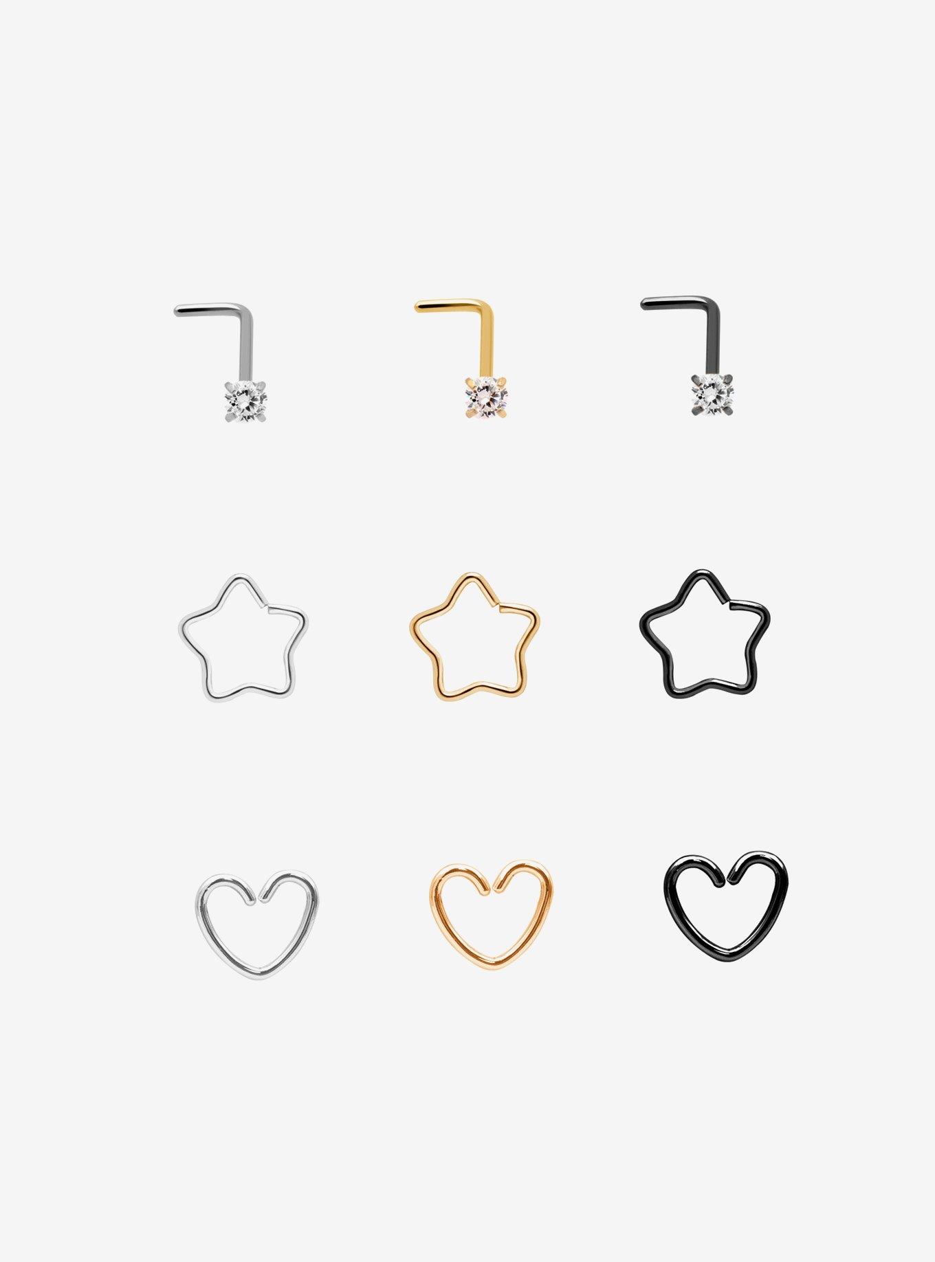 Steel Multi-Metal Star Heart Nose Stud & Hoop 9 Pack, MULTI, hi-res