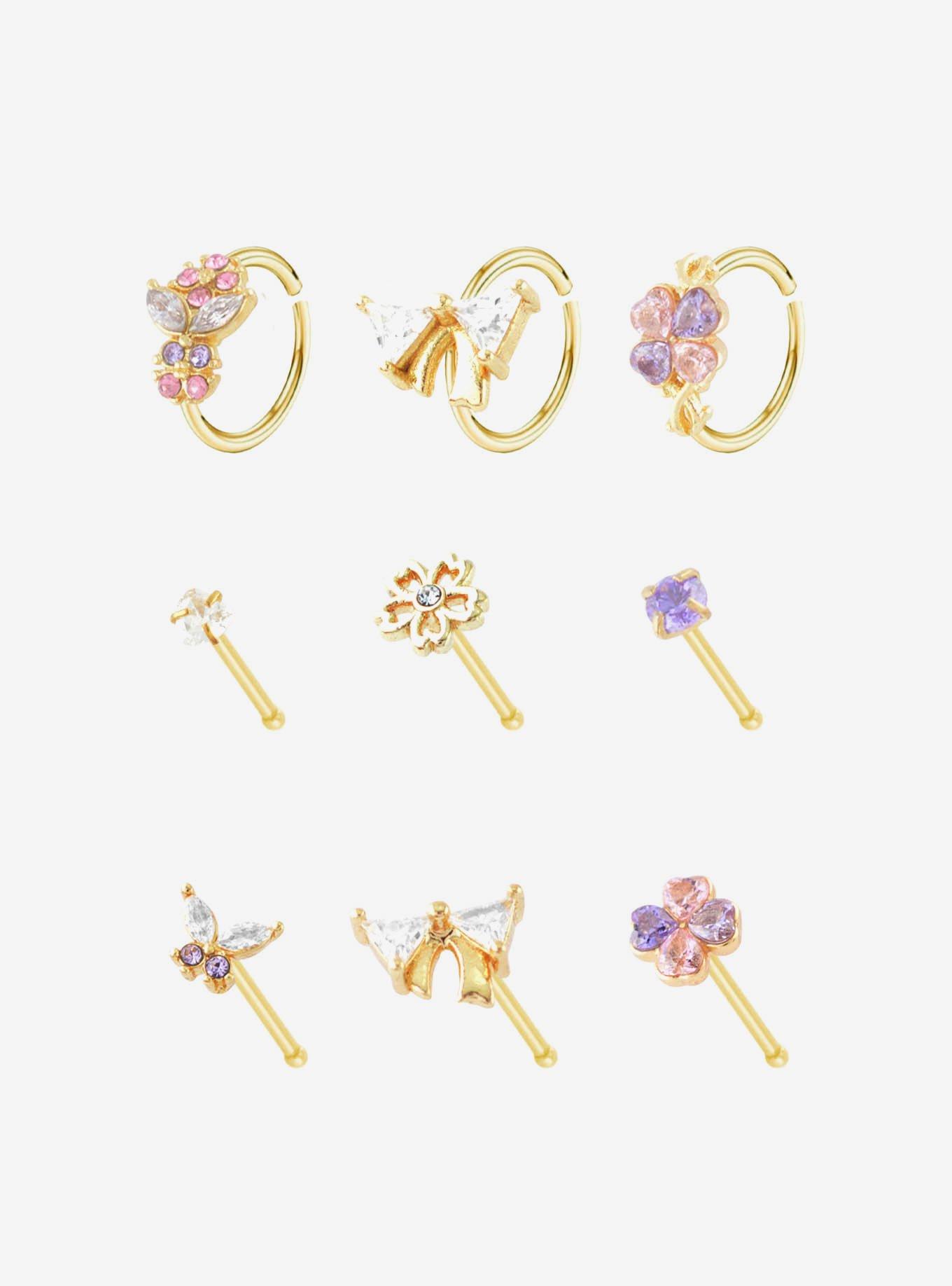 Steel Gold Bows & Flowers Nose Stud & Hoop 9 Pack, MULTI, hi-res