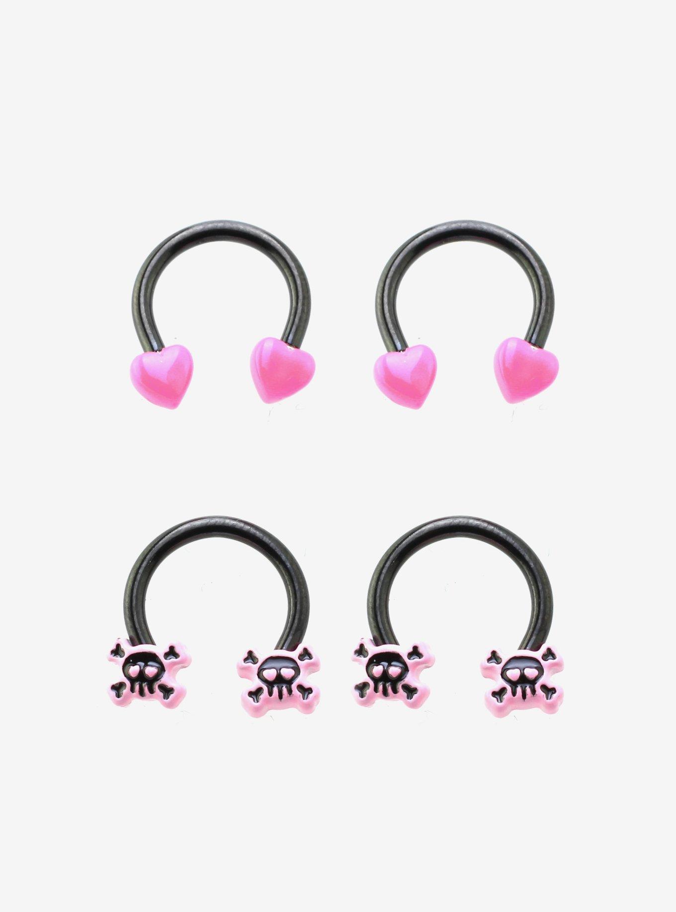 Steel Black & Pink Heart & Skull Curved Barbell 4 Pack, , hi-res